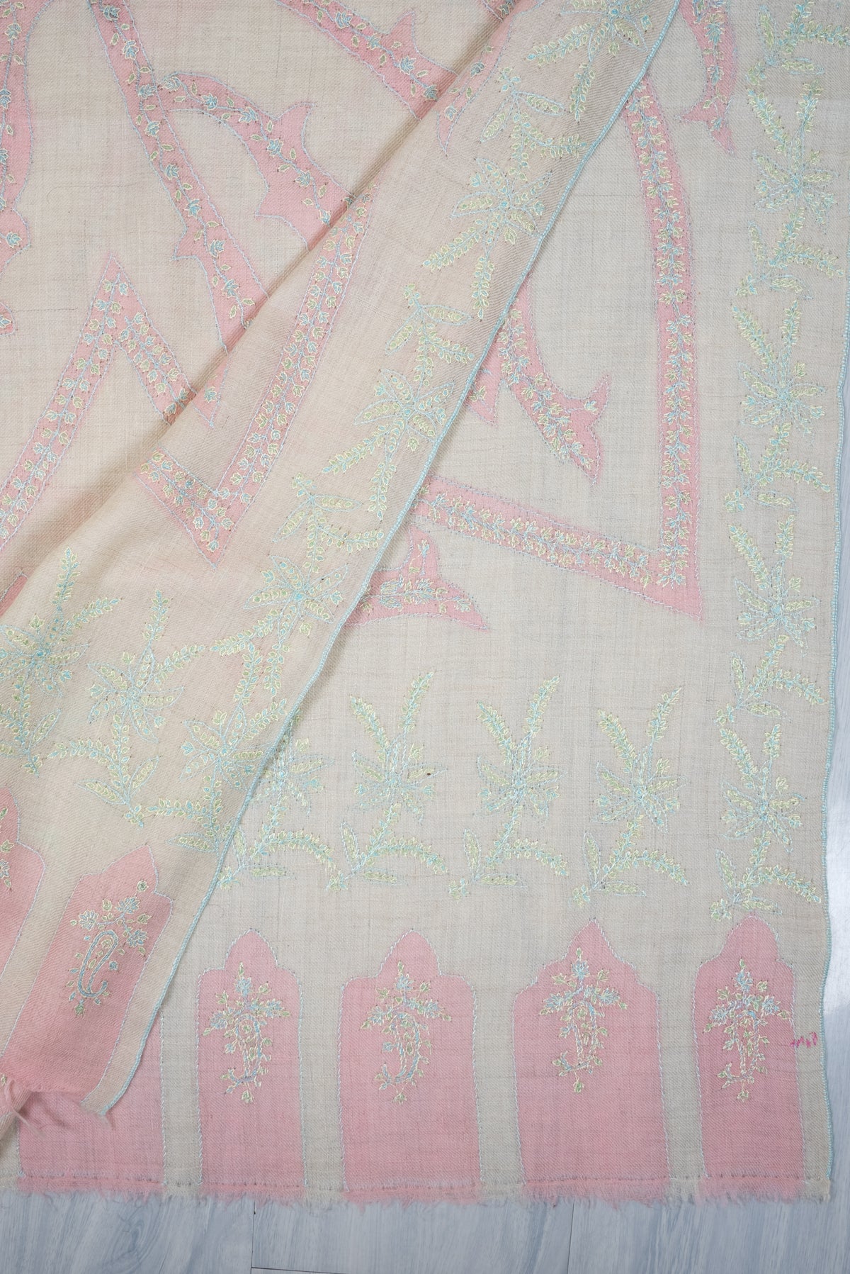 Blush Whisper Elegance: Pure Pashmina Hand Embroidered Shawl