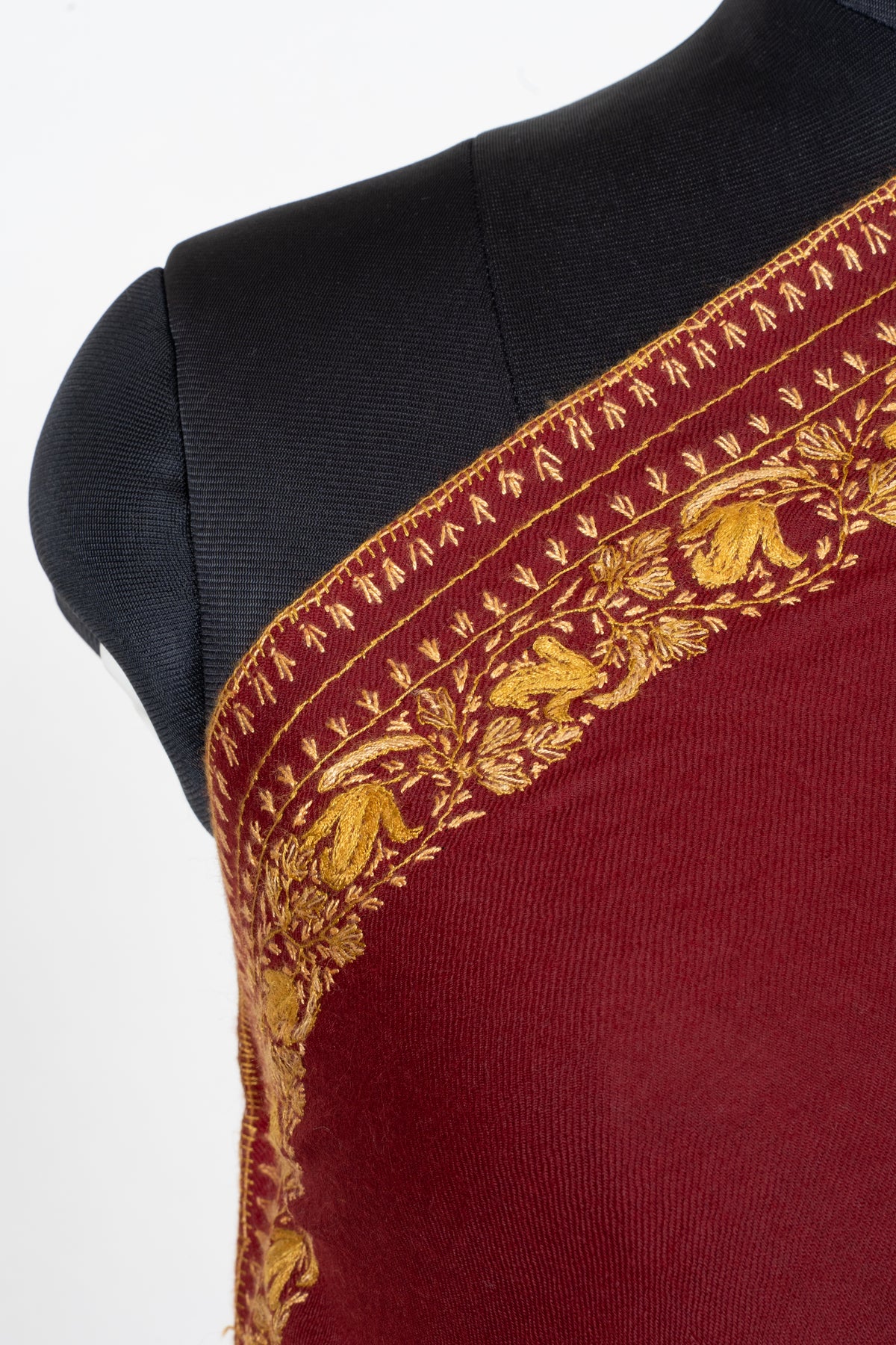 Burgundy Majesty Fine Merino Wool Shawl with Golden Sozni Hand Embroidered Paisleys