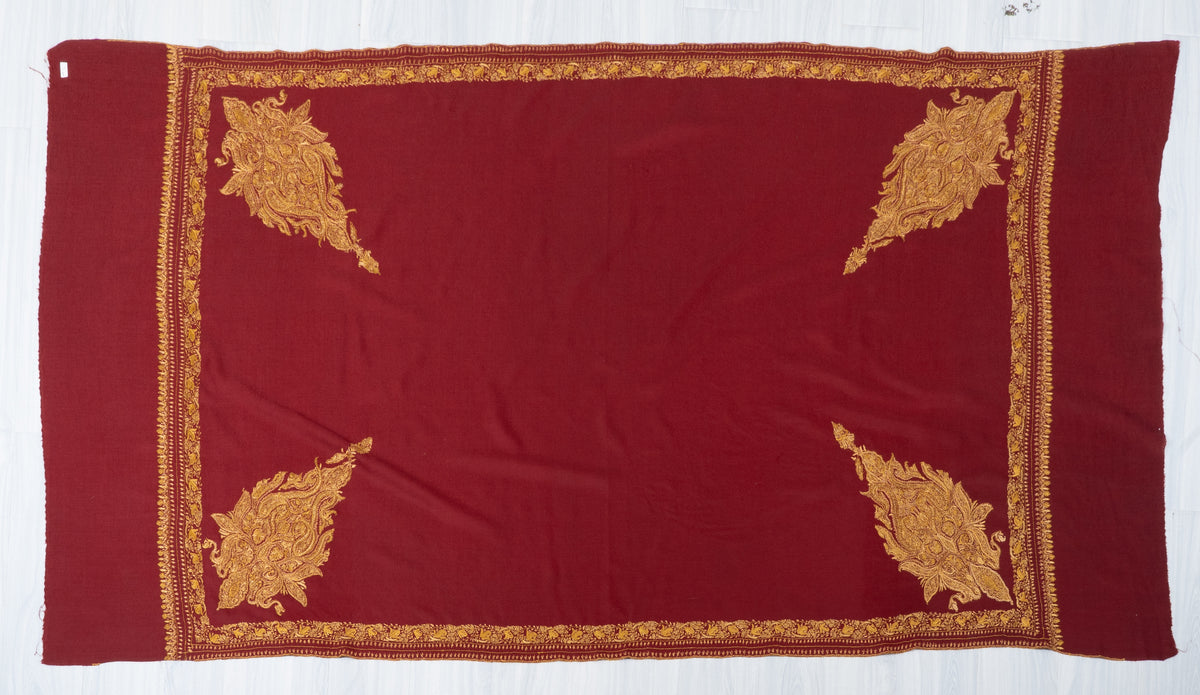 Burgundy Majesty Fine Merino Wool Shawl with Golden Sozni Hand Embroidered Paisleys