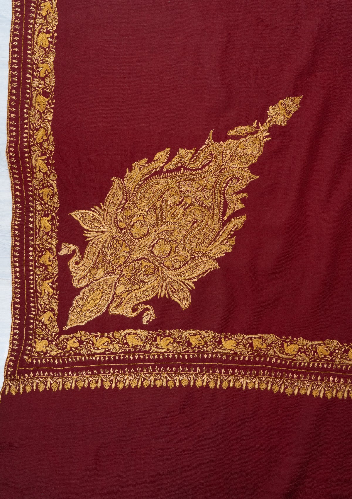 Burgundy Majesty Fine Merino Wool Shawl with Golden Sozni Hand Embroidered Paisleys