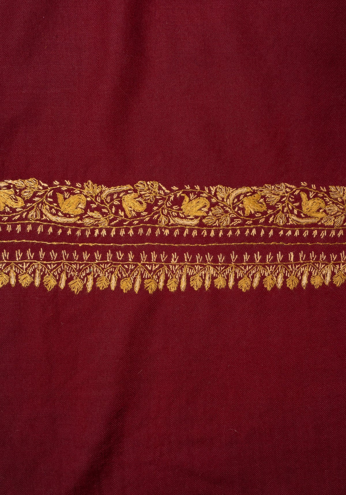 Burgundy Majesty Fine Merino Wool Shawl with Golden Sozni Hand Embroidered Paisleys