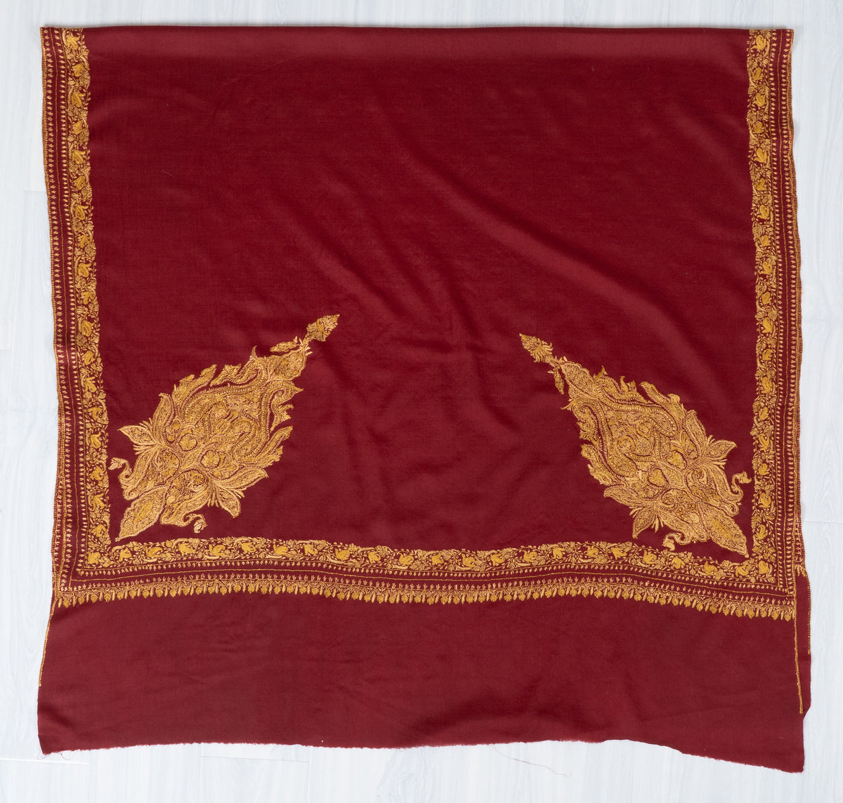 Burgundy Majesty Fine Merino Wool Shawl with Golden Sozni Hand Embroidered Paisleys