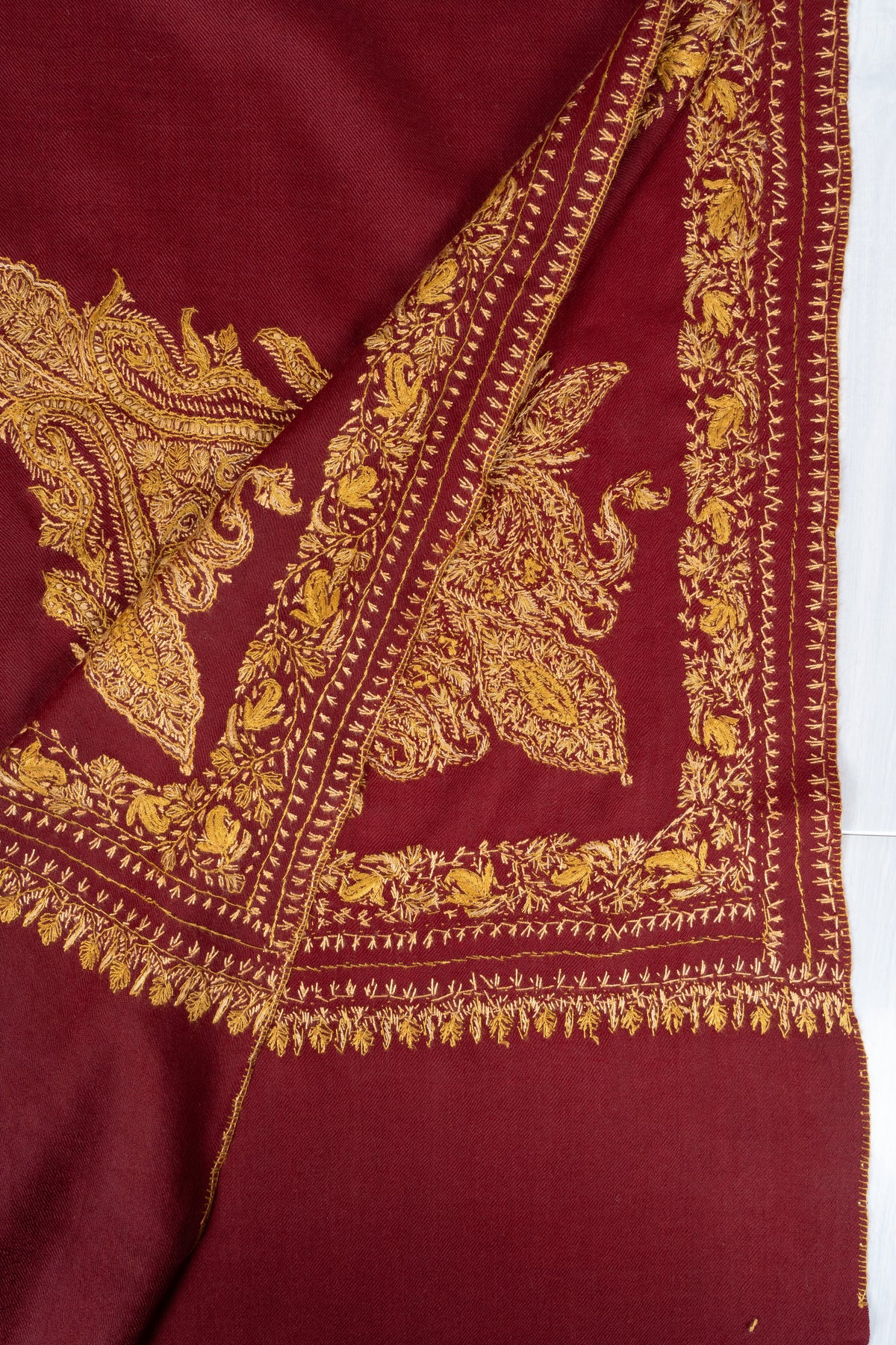 Burgundy Majesty Fine Merino Wool Shawl with Golden Sozni Hand Embroidered Paisleys