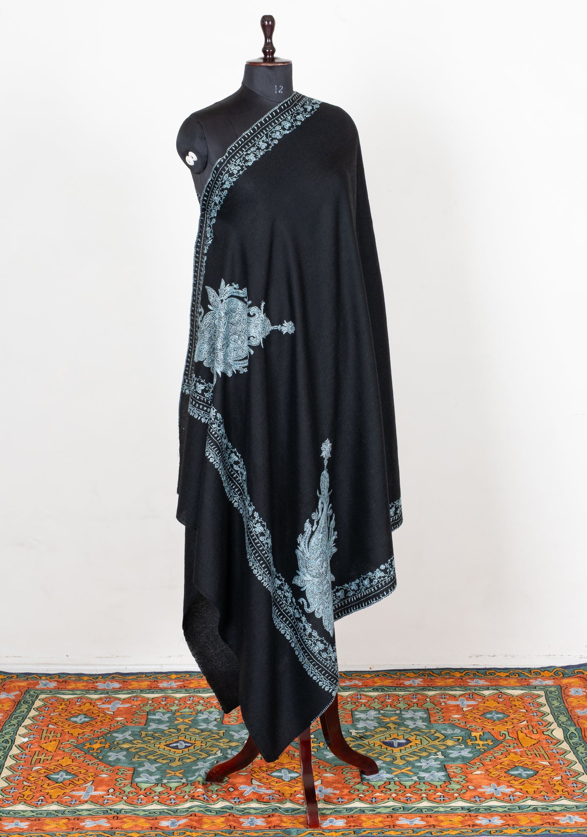 Silver Moon Garden Fine Merino Wool Shawl with Sozni Hand Embroidered Paisley Elegance