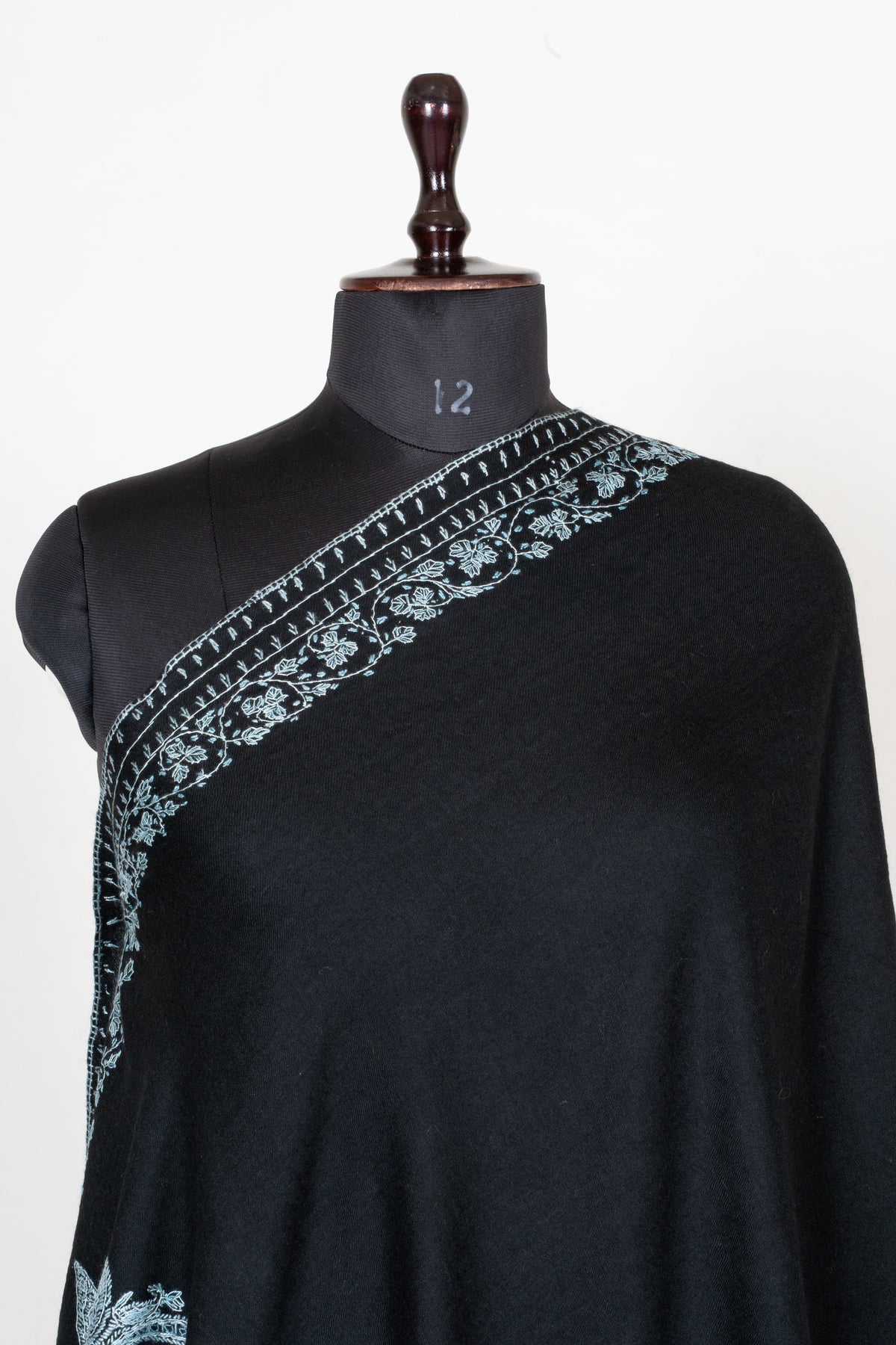 Silver Moon Garden Fine Merino Wool Shawl with Sozni Hand Embroidered Paisley Elegance