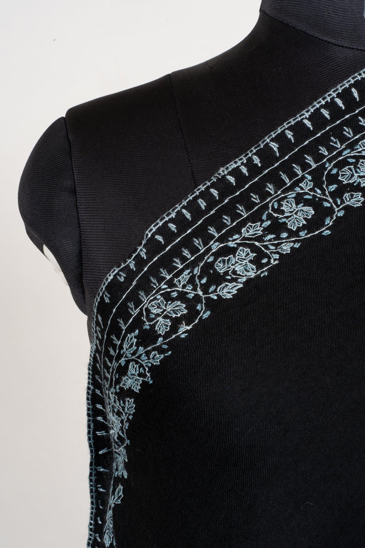Silver Moon Garden Fine Merino Wool Shawl with Sozni Hand Embroidered Paisley Elegance