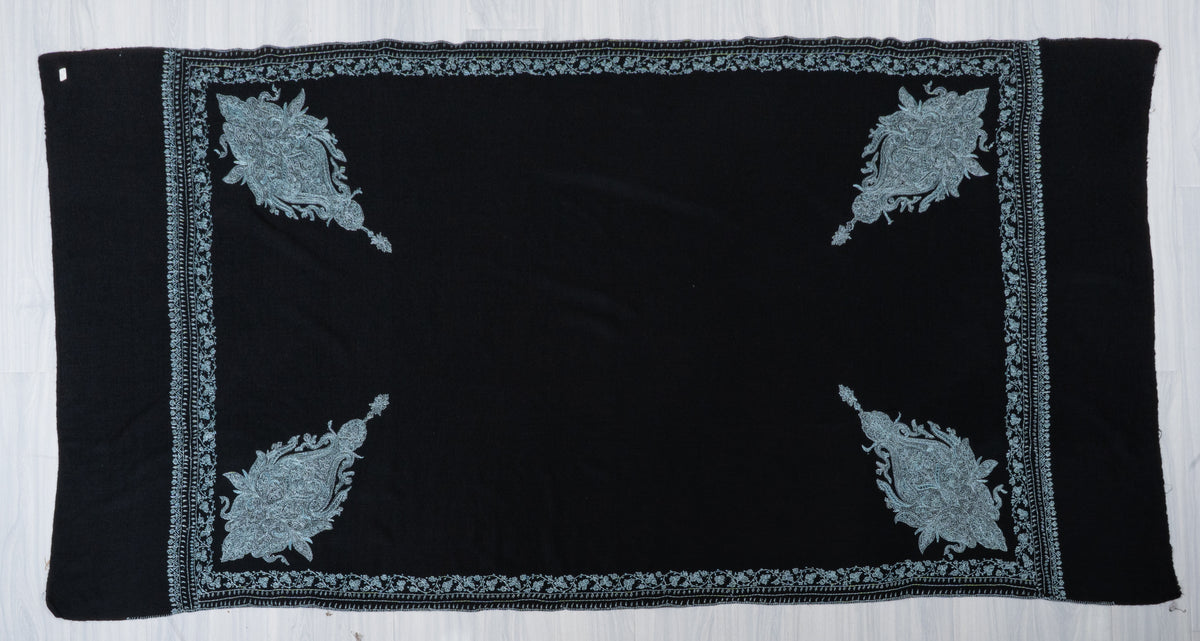Silver Moon Garden Fine Merino Wool Shawl with Sozni Hand Embroidered Paisley Elegance