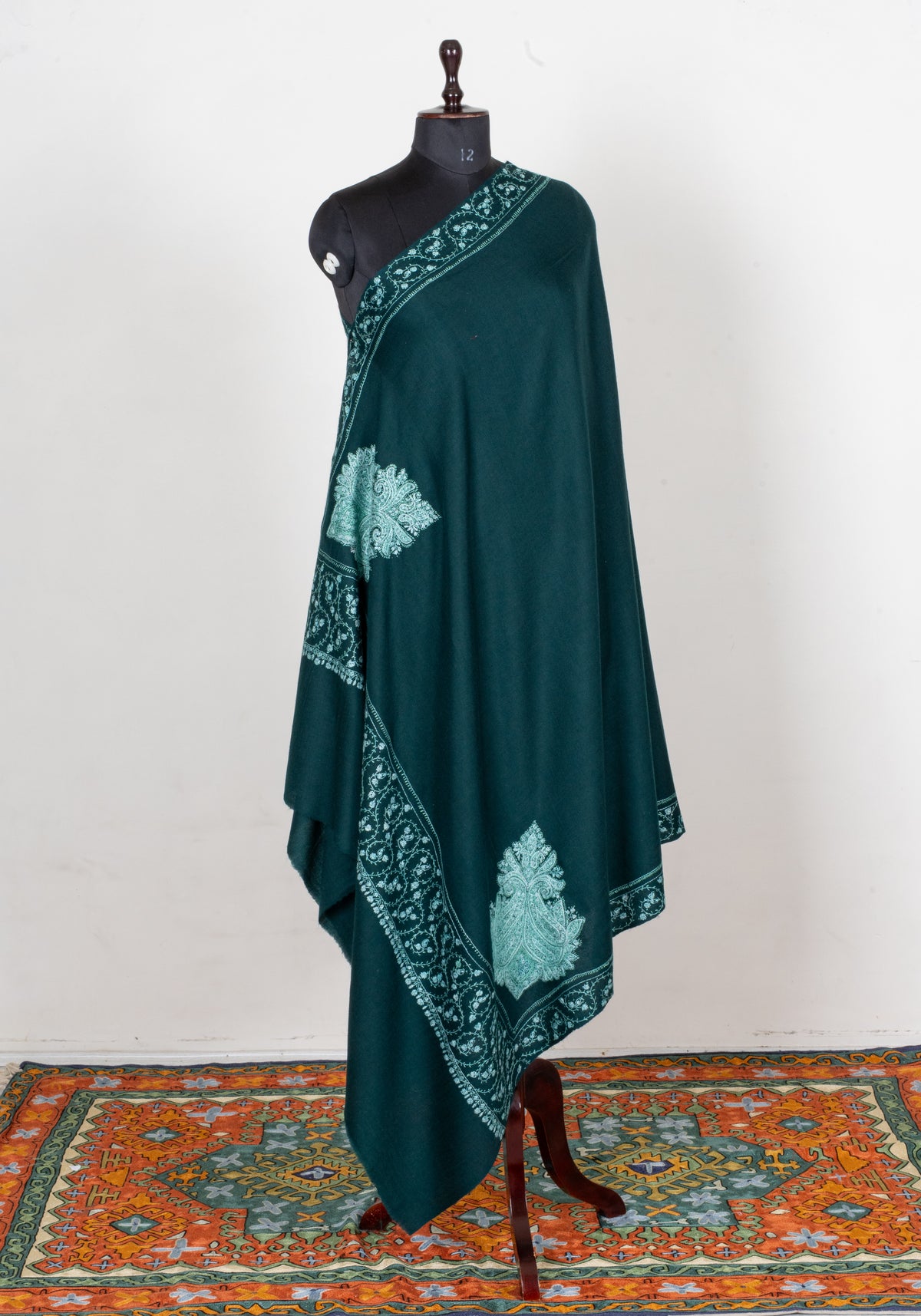 Emerald Mist Fine Merino Wool Shawl with Mint Sozni Hand Embroidered Paisleys
