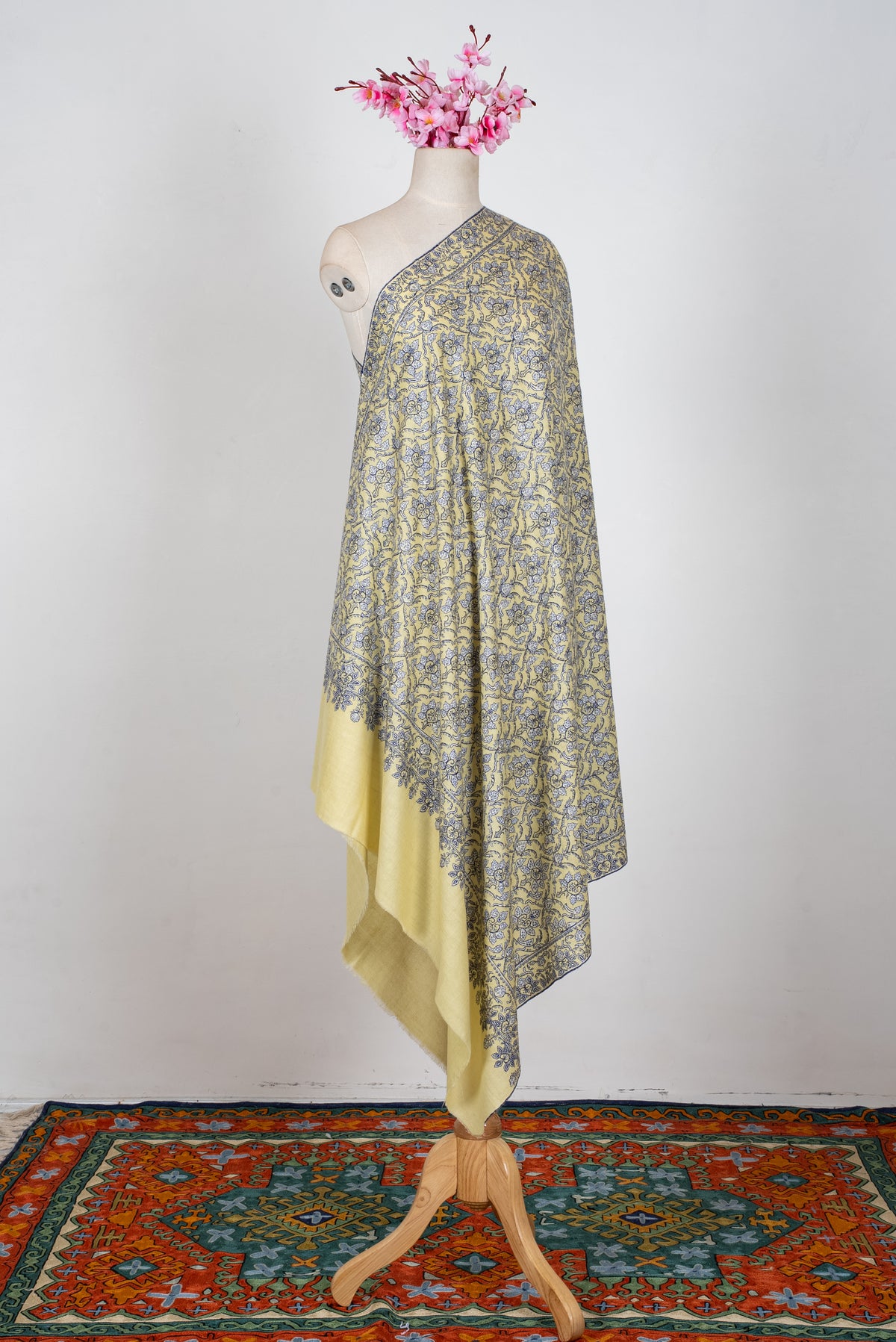 Golden Meadow Grace: Pure Pashmina Hand Embroidered Shawl