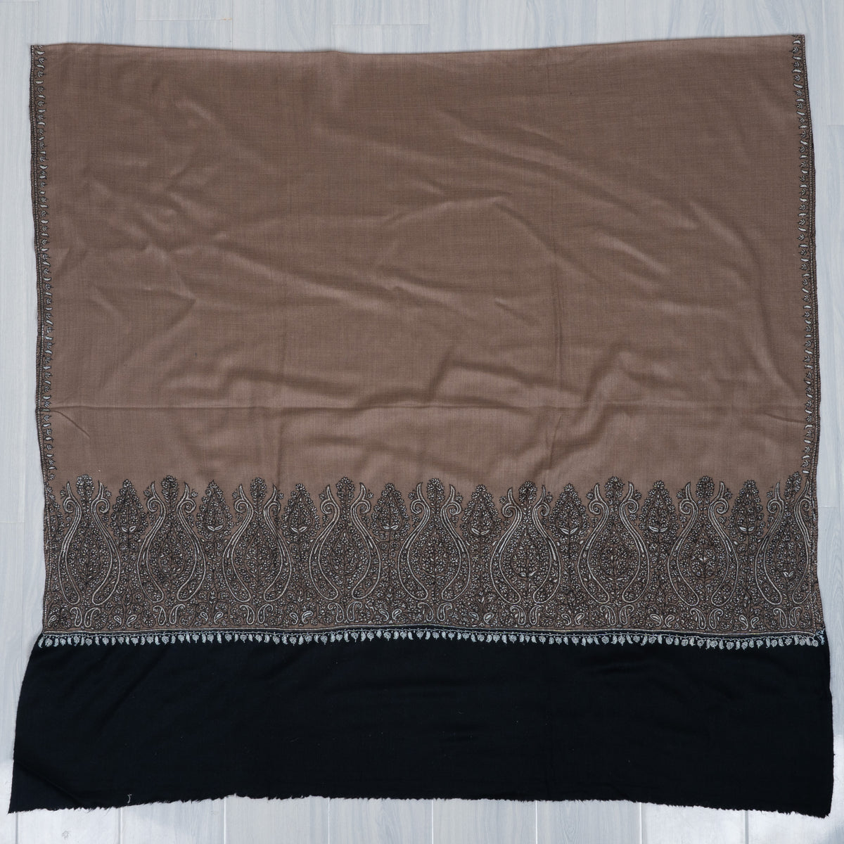 Desert Noir Paisley: Merino wool 2.5 Yards Sozni Hand Embroidered Shawl
