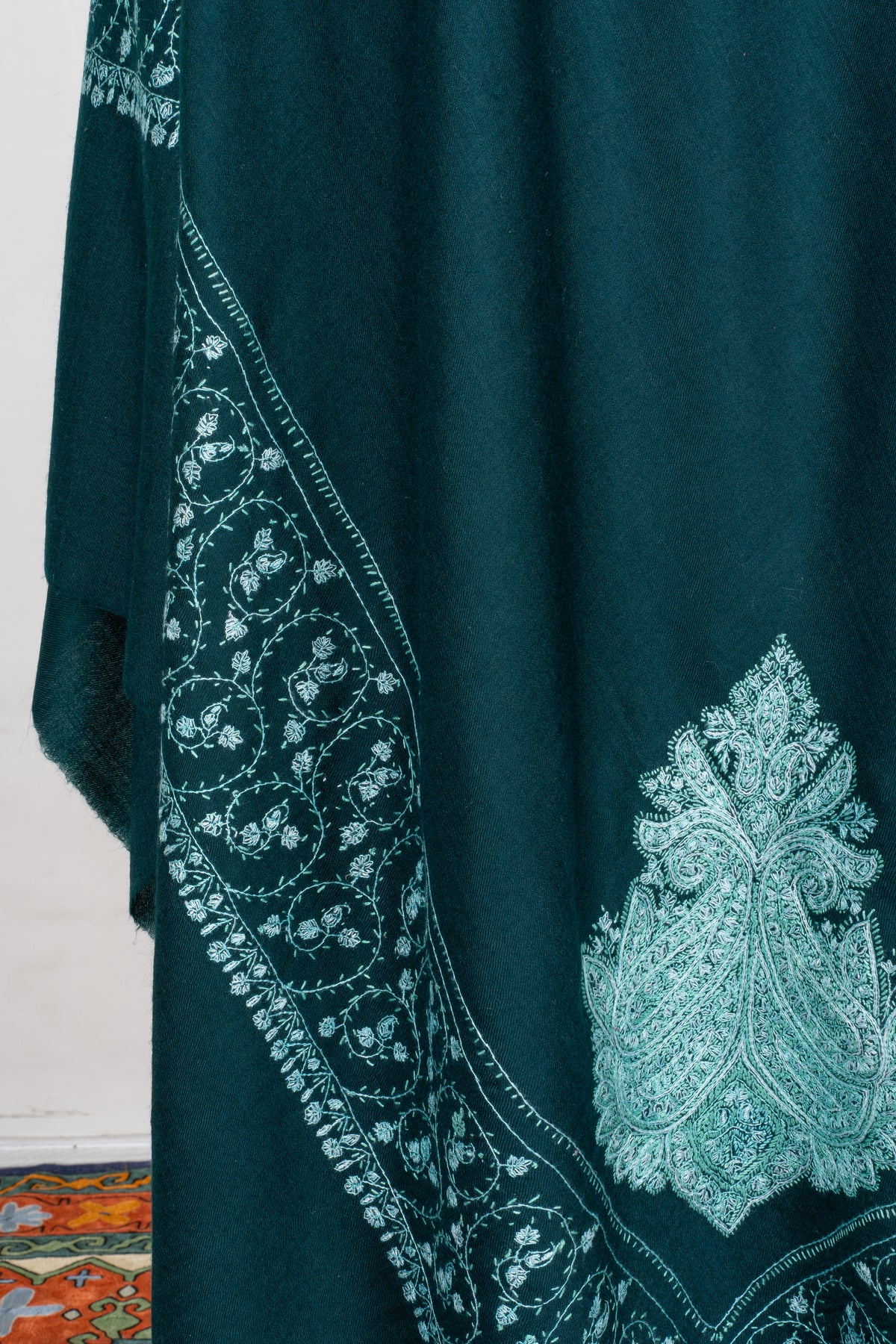 Emerald Mist Fine Merino Wool Shawl with Mint Sozni Hand Embroidered Paisleys