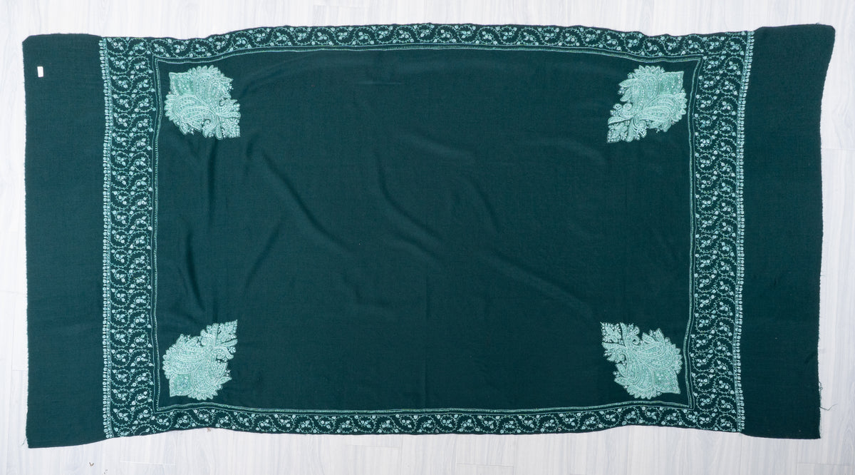 Emerald Mist Fine Merino Wool Shawl with Mint Sozni Hand Embroidered Paisleys