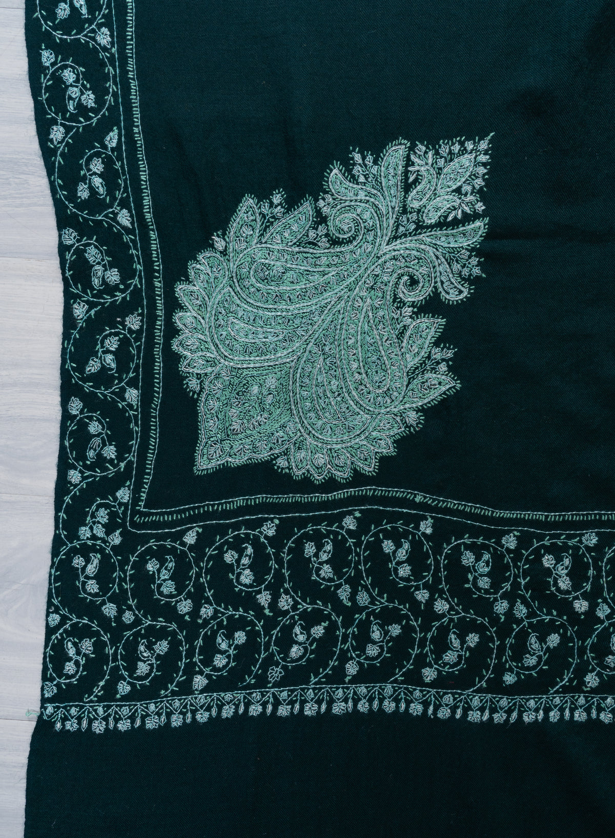 Emerald Mist Fine Merino Wool Shawl with Mint Sozni Hand Embroidered Paisleys