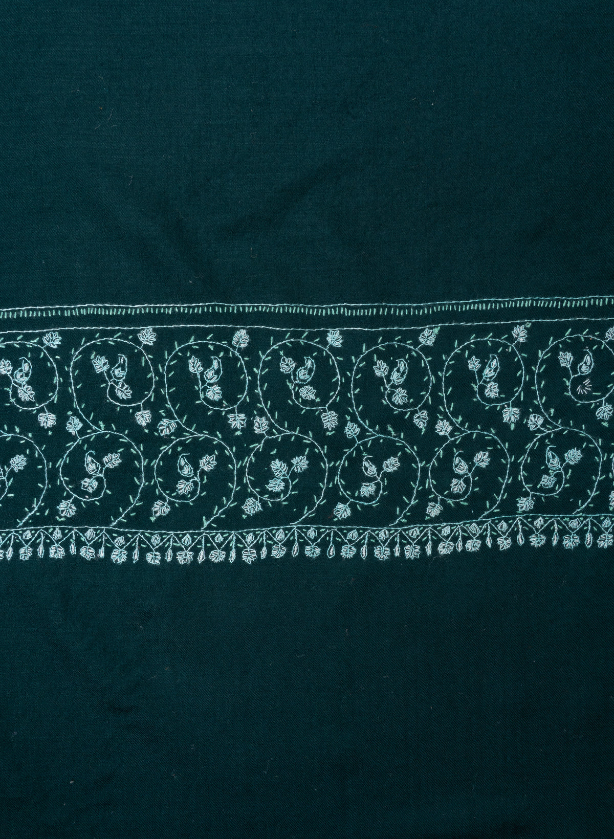 Emerald Mist Fine Merino Wool Shawl with Mint Sozni Hand Embroidered Paisleys