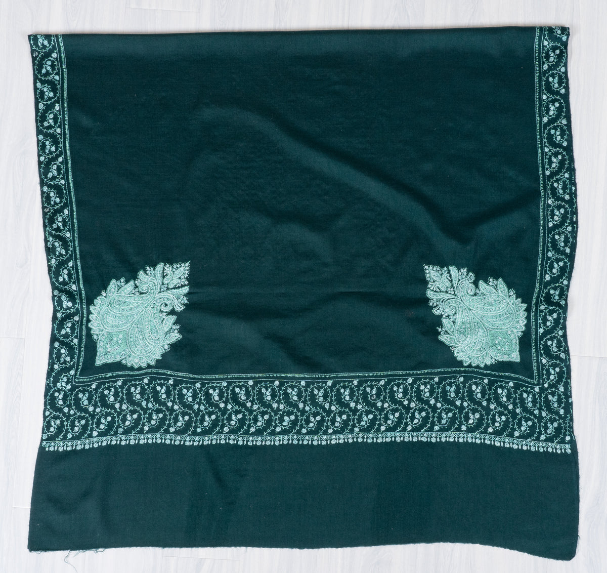 Emerald Mist Fine Merino Wool Shawl with Mint Sozni Hand Embroidered Paisleys