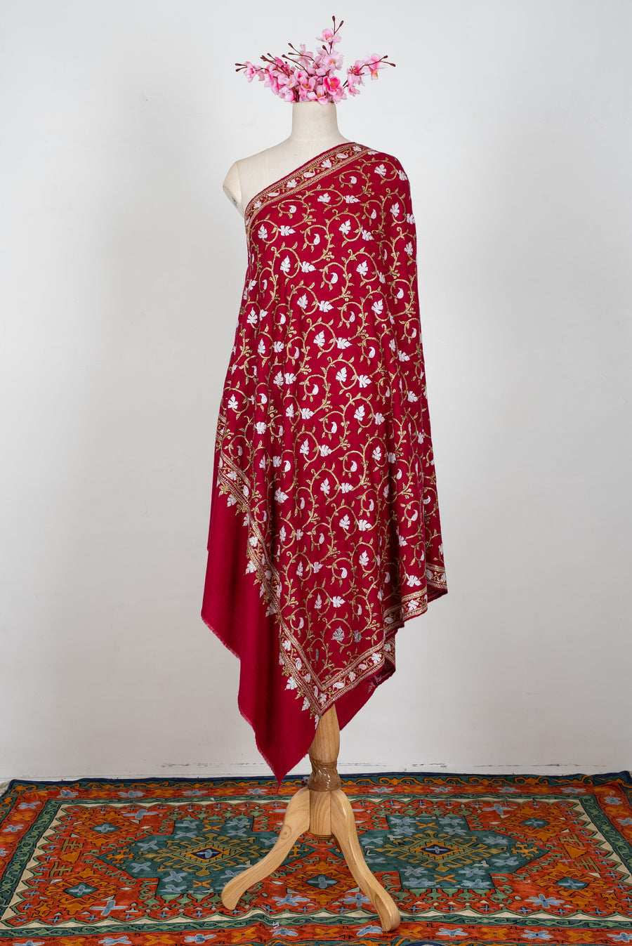 Crimson Noor Elegance: Pure Pashmina Hand Embroidered Shawl