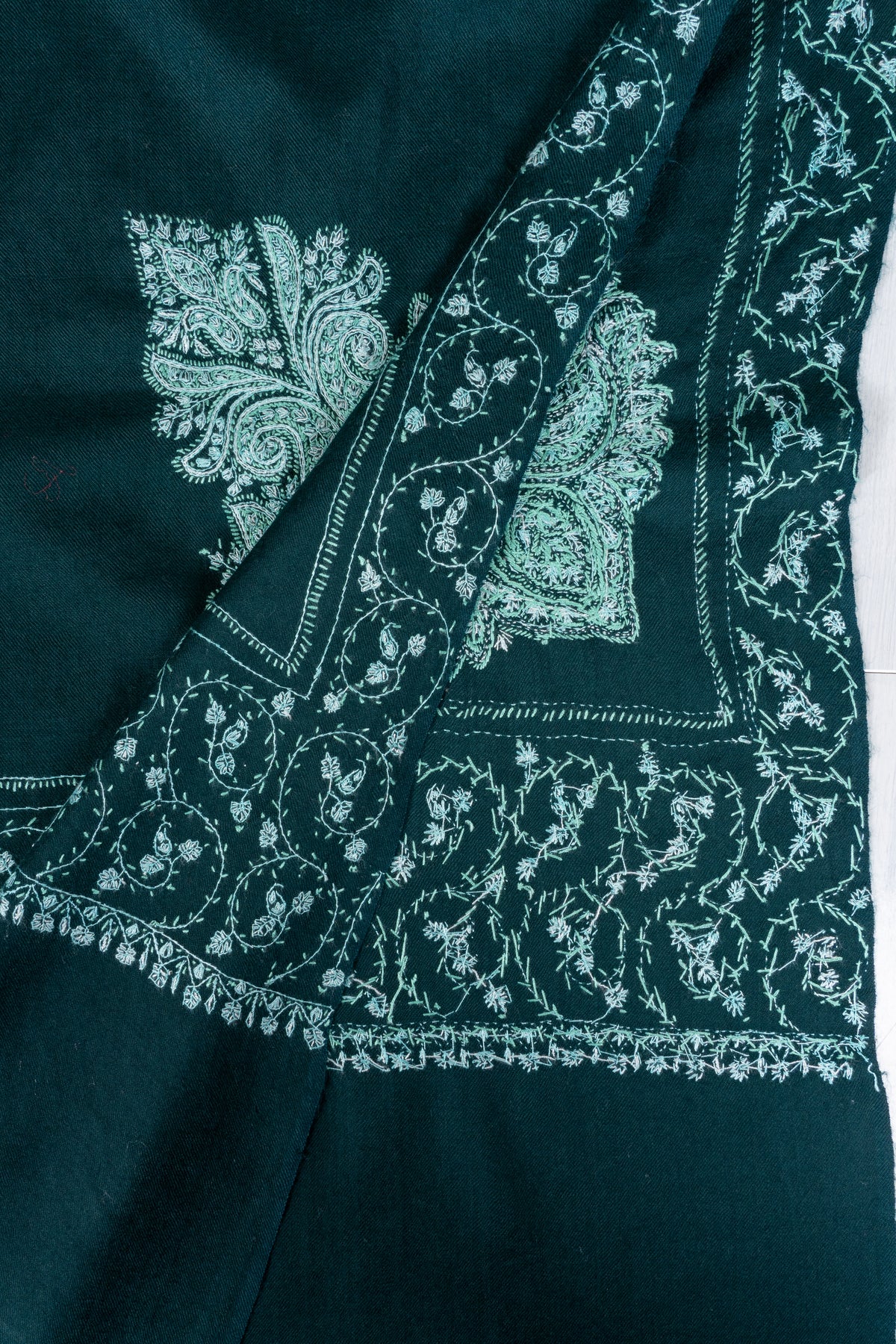 Emerald Mist Fine Merino Wool Shawl with Mint Sozni Hand Embroidered Paisleys