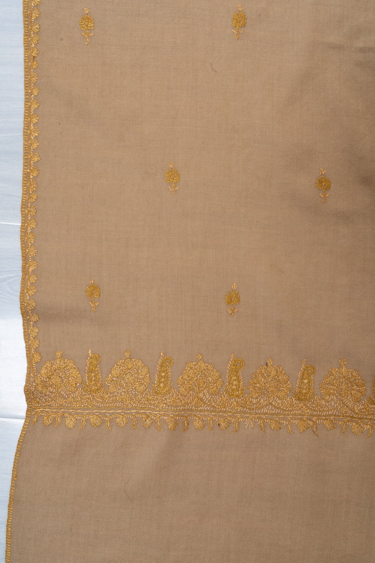 Golden Sand Fine Merino Wool Shawl with Sozni Hand Embroidered Floral Sprigs