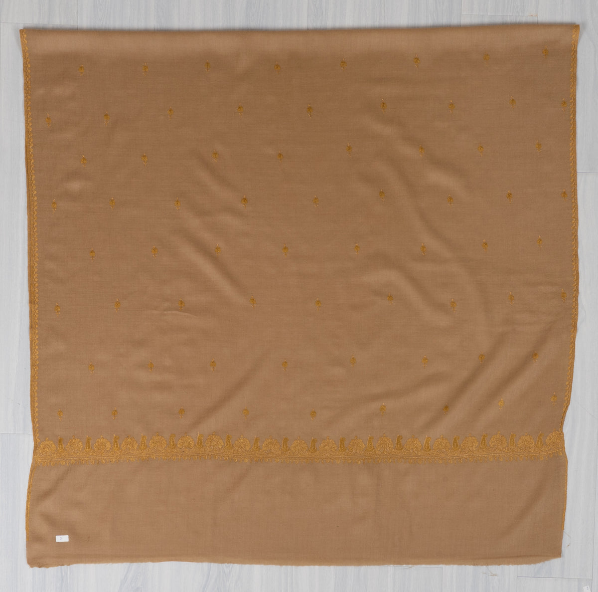 Golden Sand Fine Merino Wool Shawl with Sozni Hand Embroidered Floral Sprigs