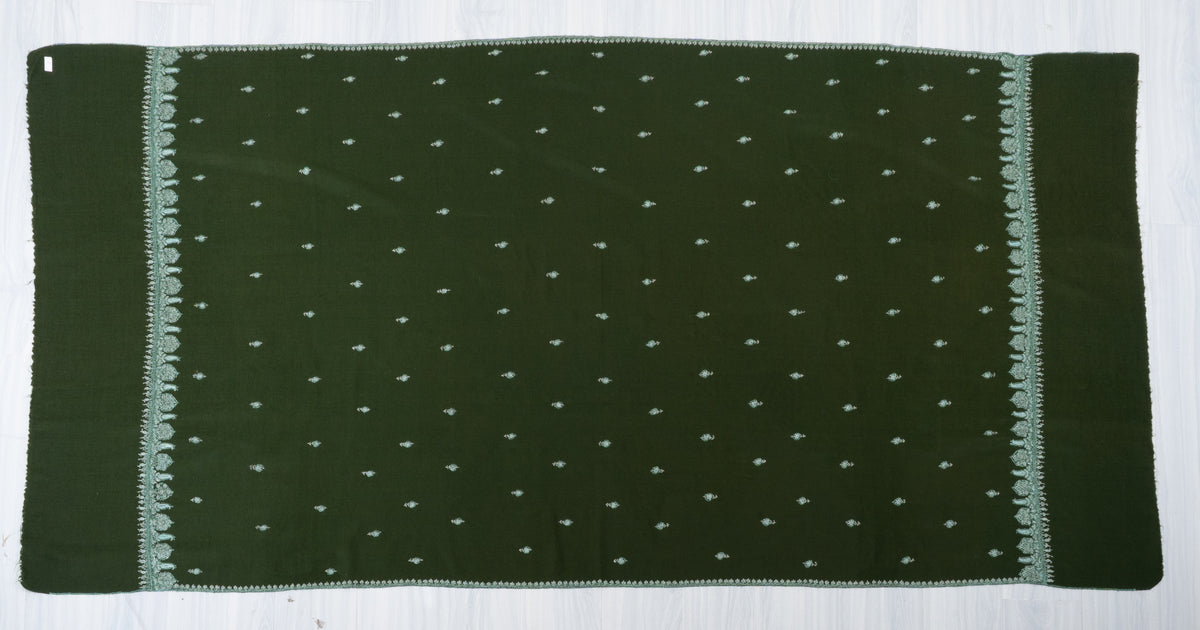 Evergreen Mist Fine Merino Wool Shawl with Mint Sozni Hand Embroidered Floral Accents