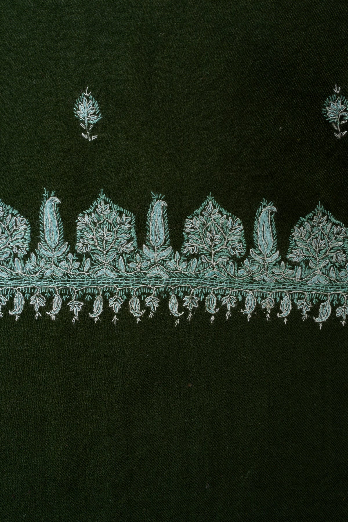 Evergreen Mist Fine Merino Wool Shawl with Mint Sozni Hand Embroidered Floral Accents
