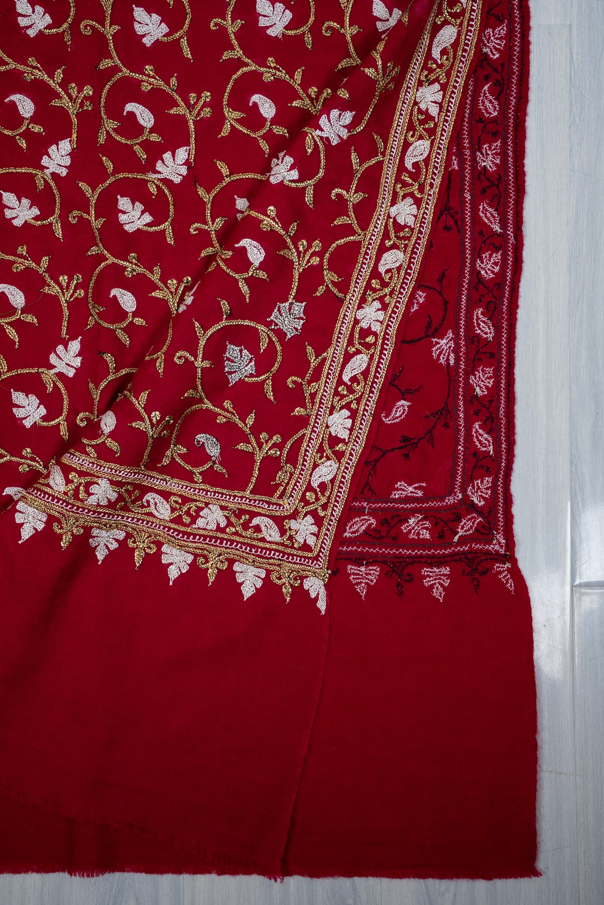 Crimson Noor Elegance: Pure Pashmina Hand Embroidered Shawl