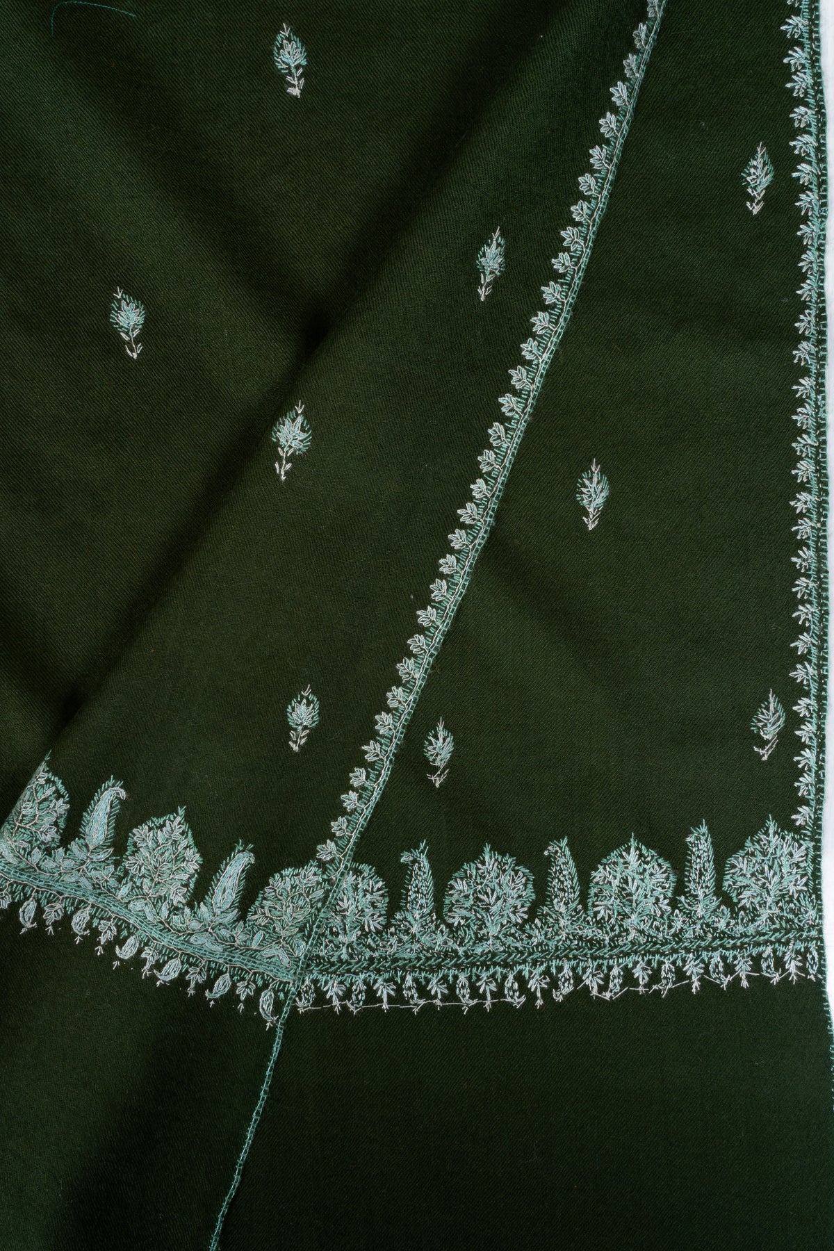 Evergreen Mist Fine Merino Wool Shawl with Mint Sozni Hand Embroidered Floral Accents