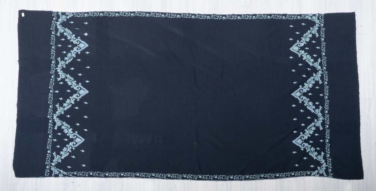 Midnight Frost Fine Merino Wool Shawl with Silver Blue Sozni Hand Embroidered Floral Borders