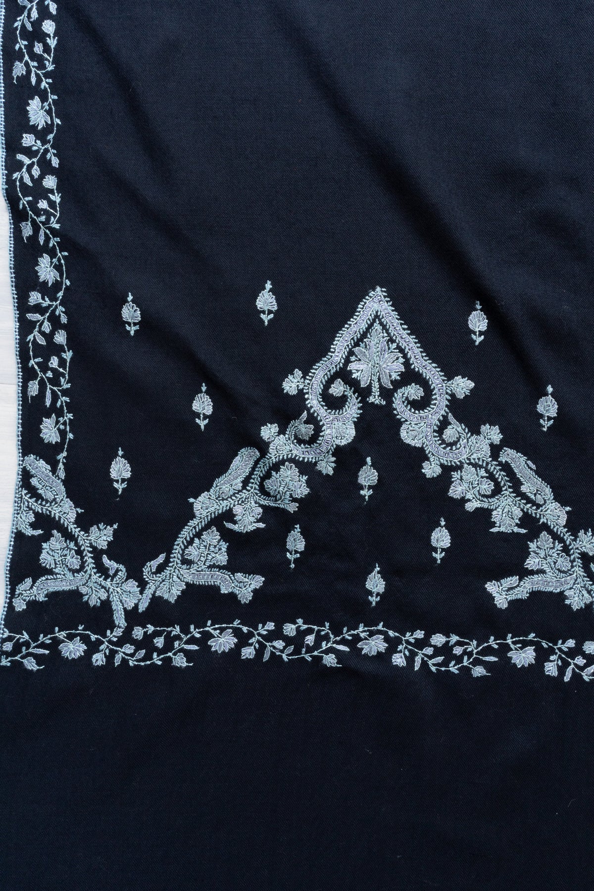 Midnight Frost Fine Merino Wool Shawl with Silver Blue Sozni Hand Embroidered Floral Borders