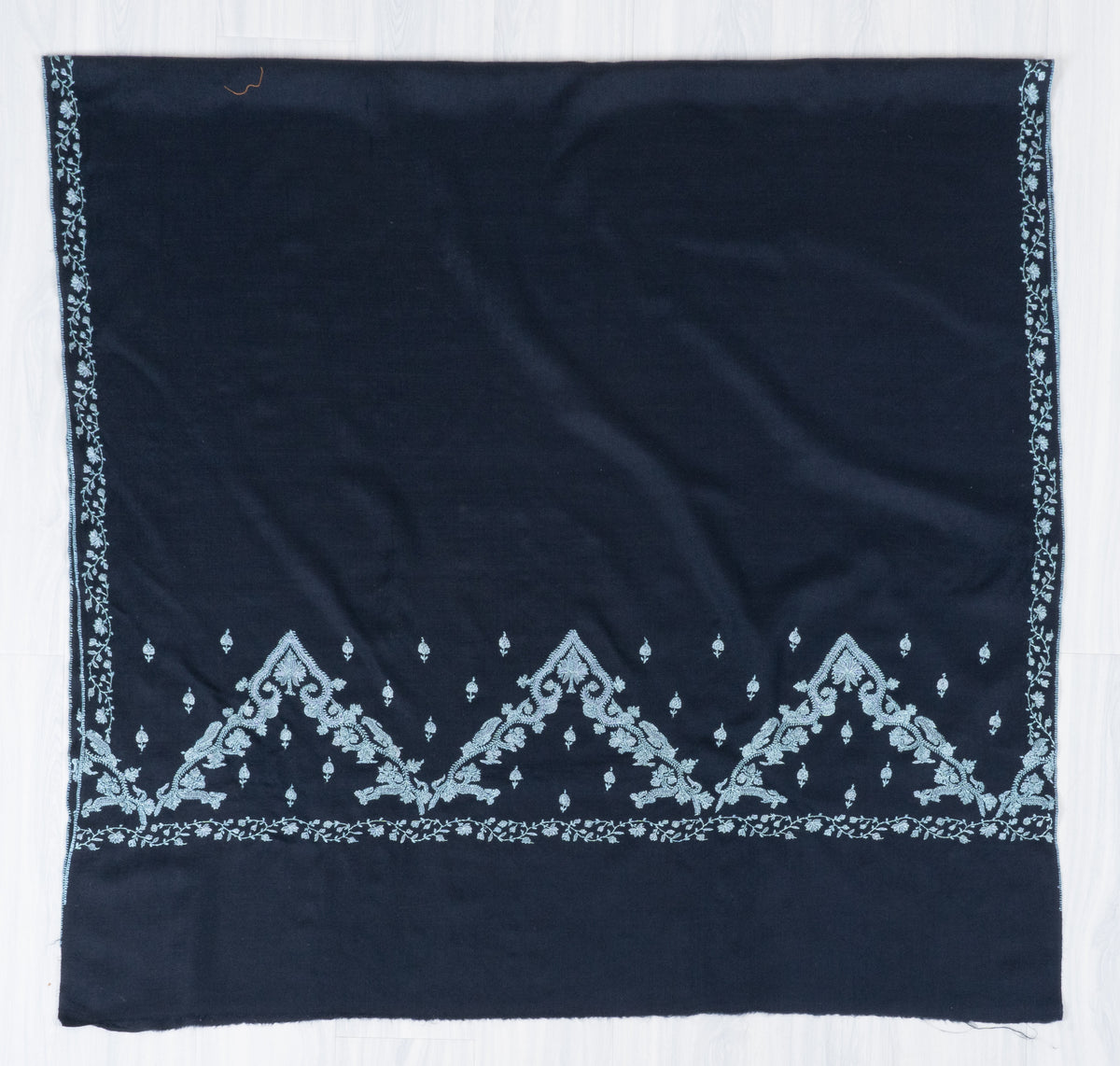Midnight Frost Fine Merino Wool Shawl with Silver Blue Sozni Hand Embroidered Floral Borders