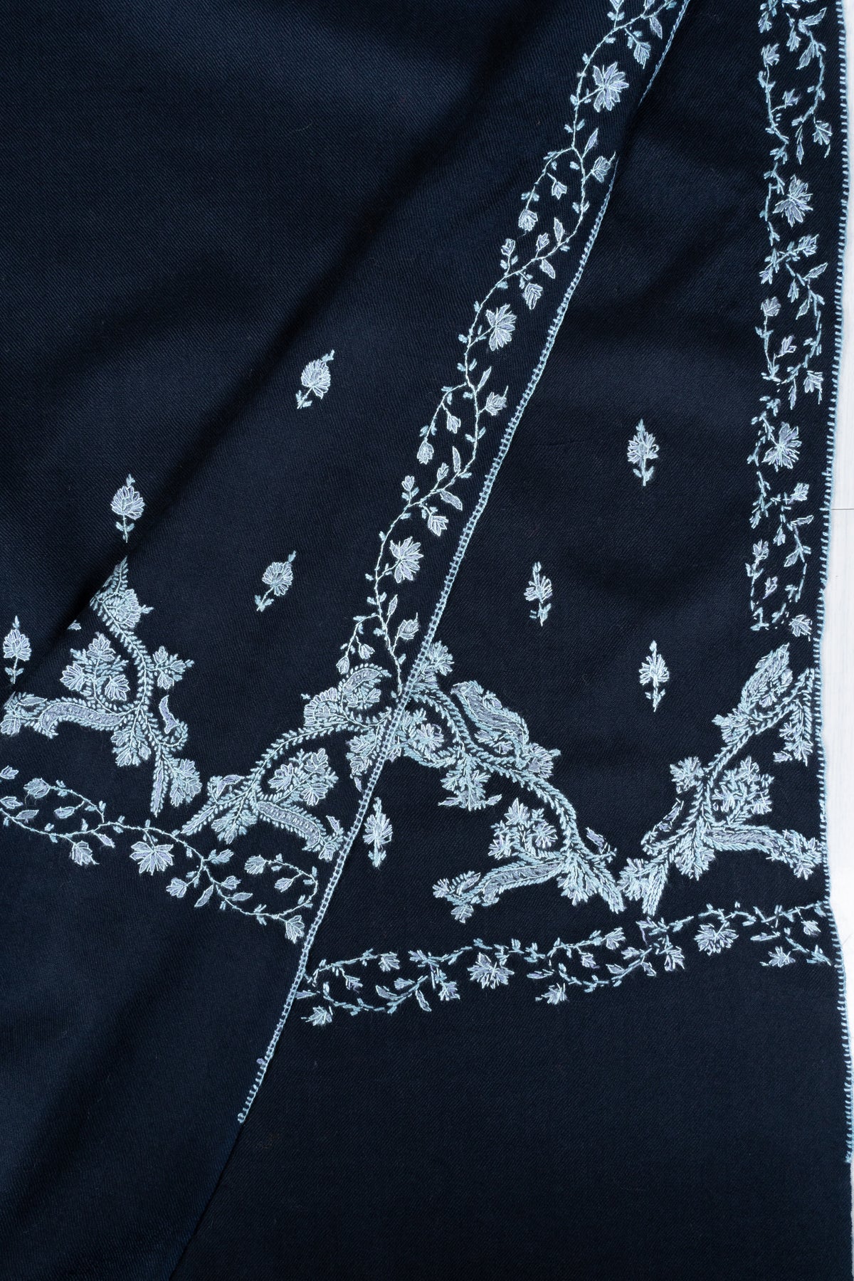 Midnight Frost Fine Merino Wool Shawl with Silver Blue Sozni Hand Embroidered Floral Borders