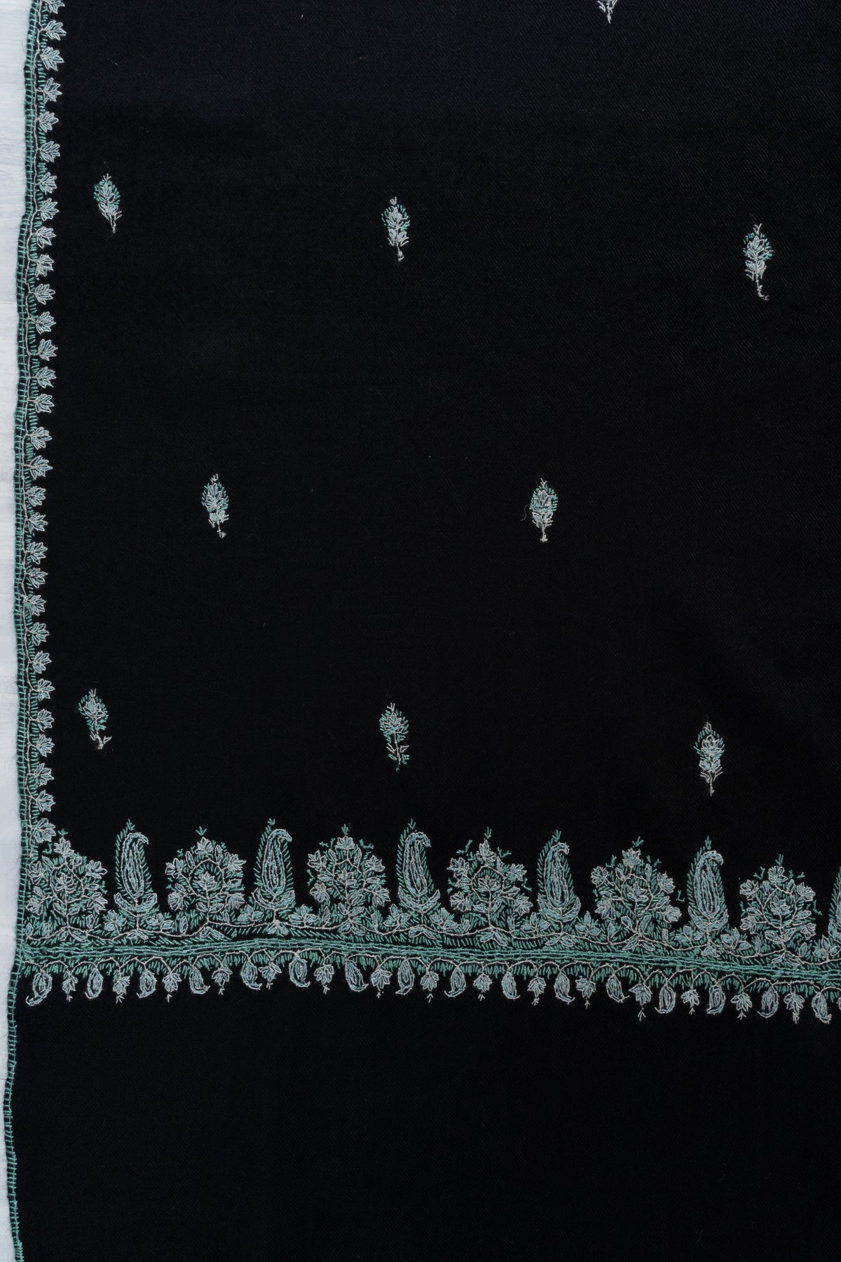 Midnight Mint Fine Merino Wool Shawl with Sozni Hand Embroidered Floral Sprigs