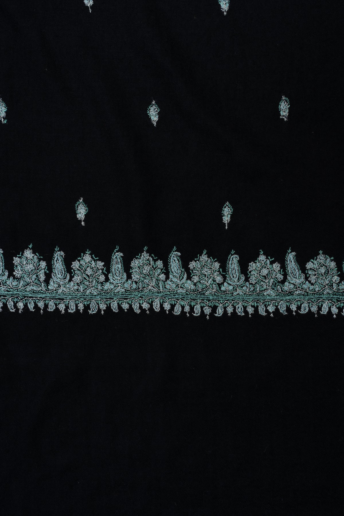 Midnight Mint Fine Merino Wool Shawl with Sozni Hand Embroidered Floral Sprigs