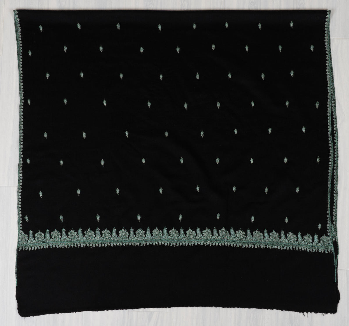 Midnight Mint Fine Merino Wool Shawl with Sozni Hand Embroidered Floral Sprigs