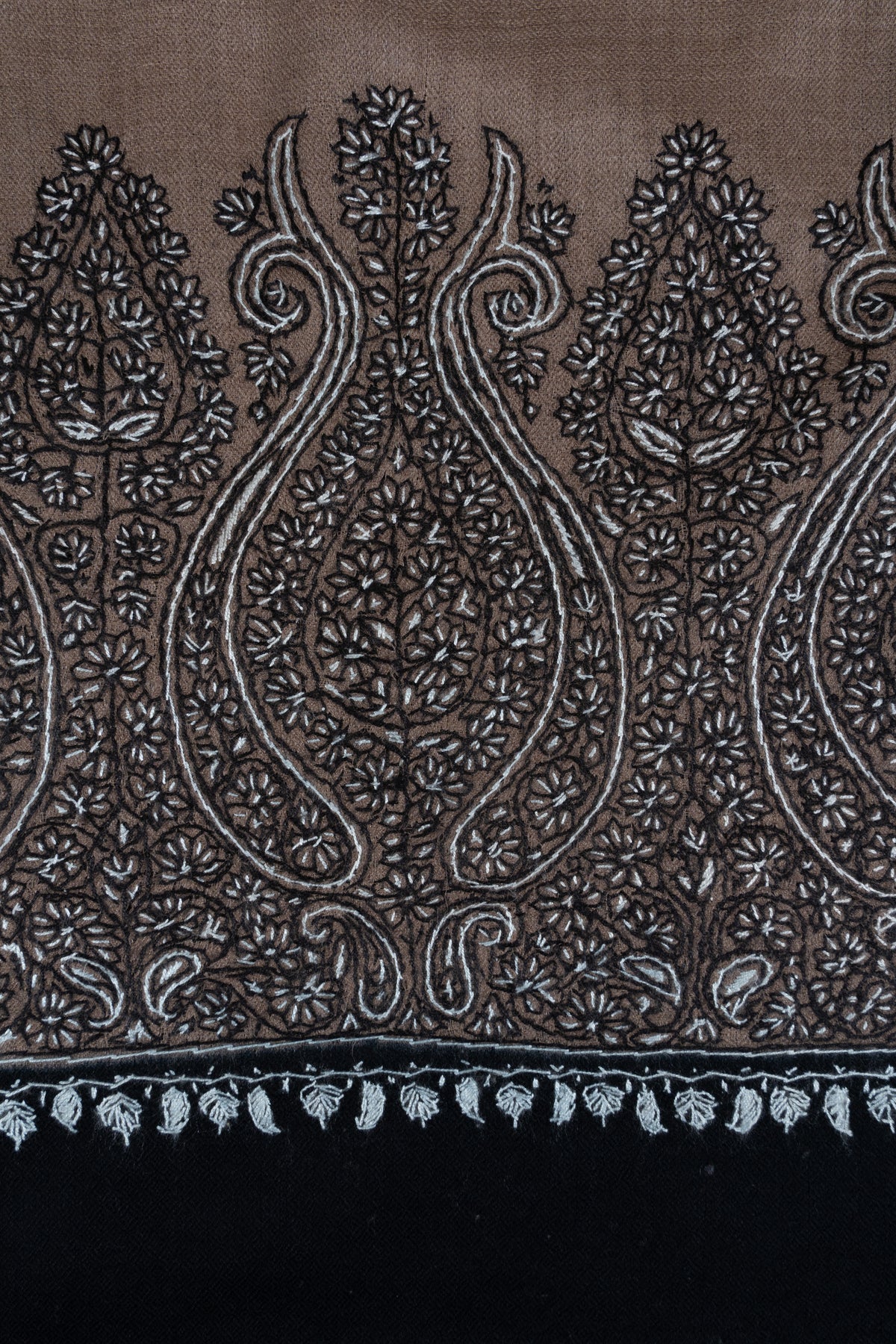 Desert Noir Paisley: Merino wool 2.5 Yards Sozni Hand Embroidered Shawl