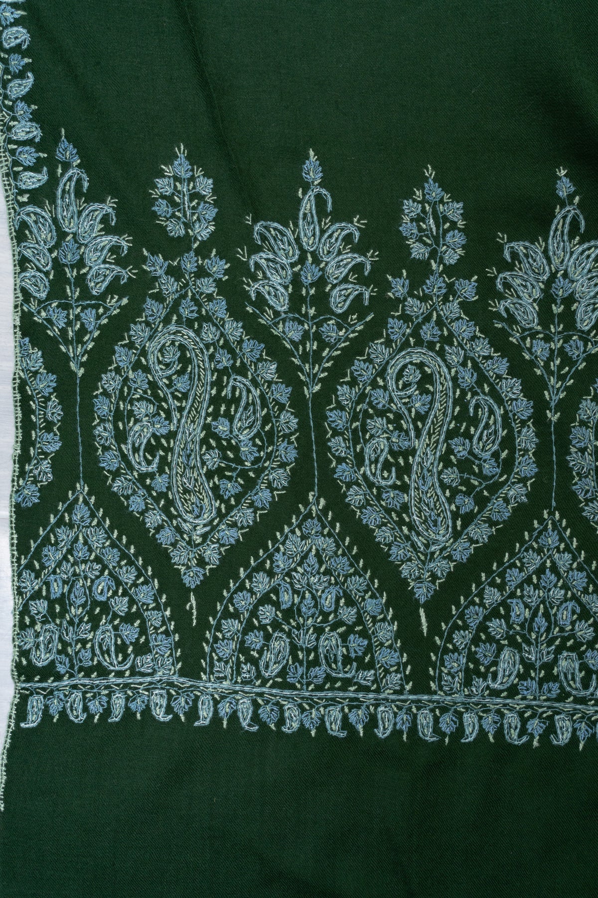 Forest Enchantment Fine Merino Wool Shawl with Ice Blue Sozni Hand Embroidered Paisley Borders