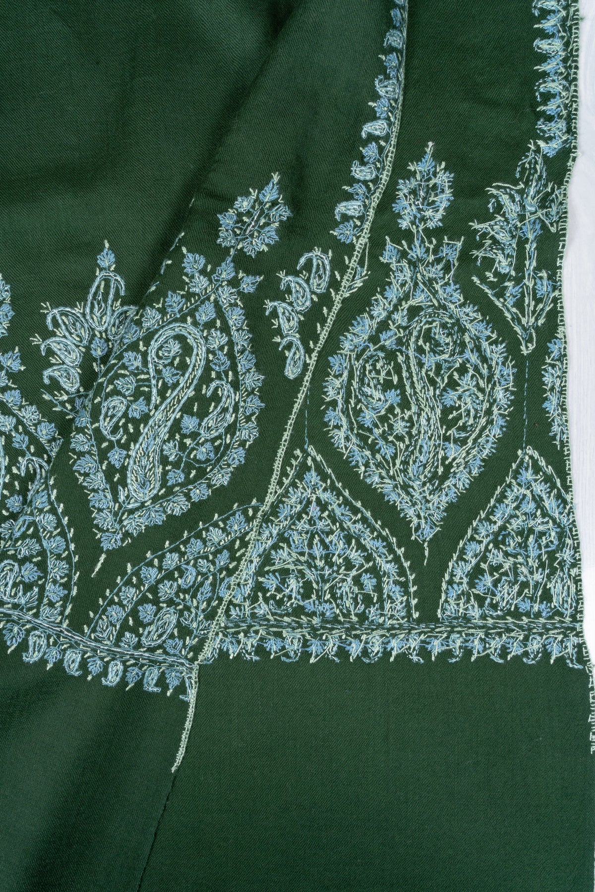 Forest Enchantment Fine Merino Wool Shawl with Ice Blue Sozni Hand Embroidered Paisley Borders