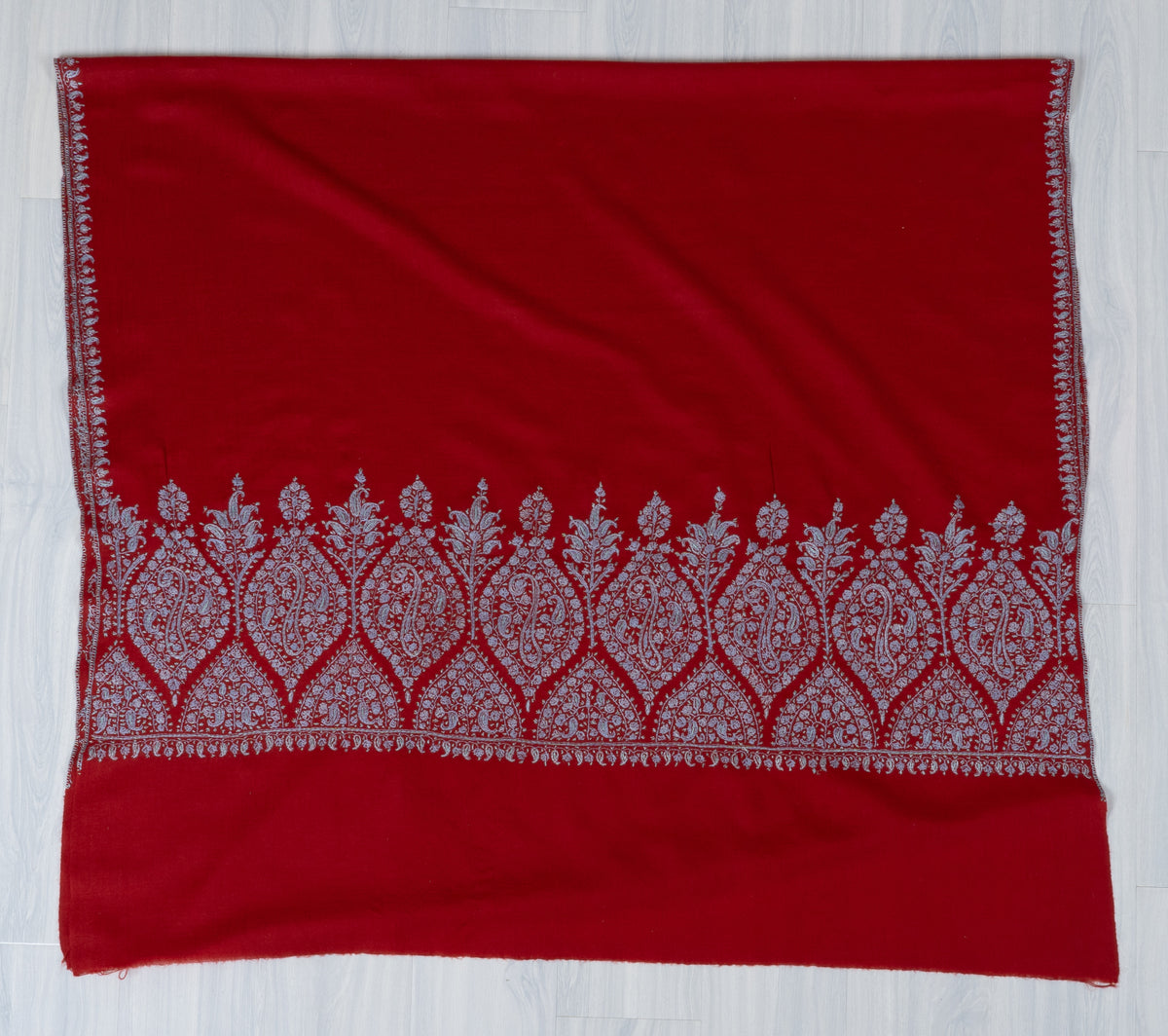 Scarlet Silver Garden Fine Merino Wool Shawl with Sozni Hand Embroidered Floral Paisley Border