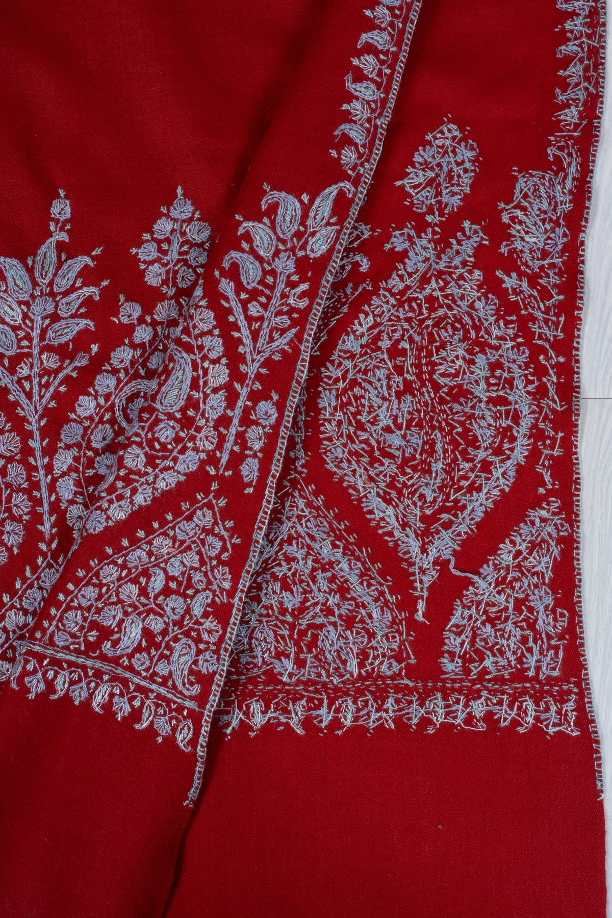 Scarlet Silver Garden Fine Merino Wool Shawl with Sozni Hand Embroidered Floral Paisley Border