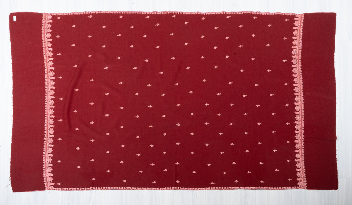 Garnet Blush Fine Merino Wool Shawl with Pink Sozni Hand Embroidered Floral Sprigs