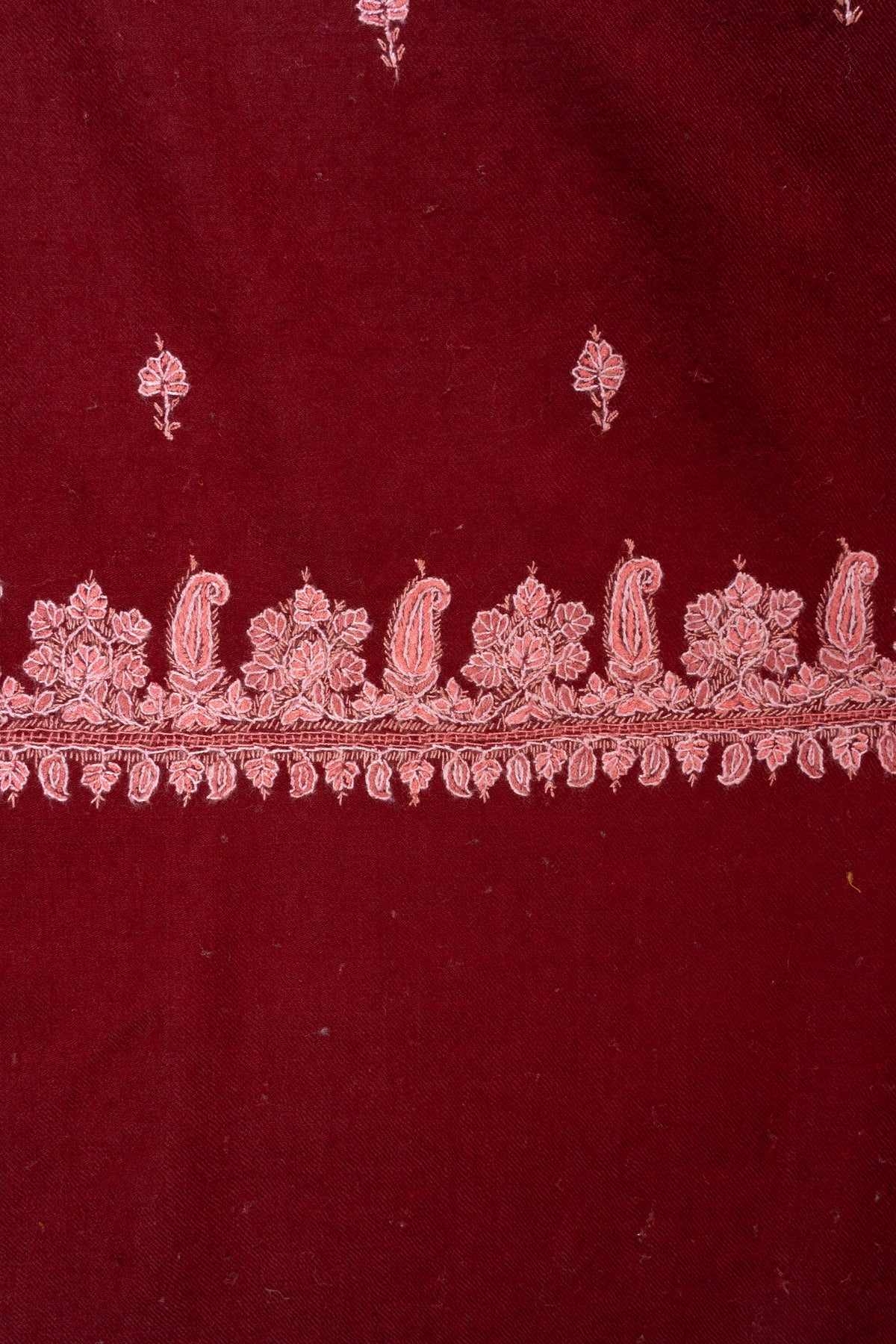 Garnet Blush Fine Merino Wool Shawl with Pink Sozni Hand Embroidered Floral Sprigs