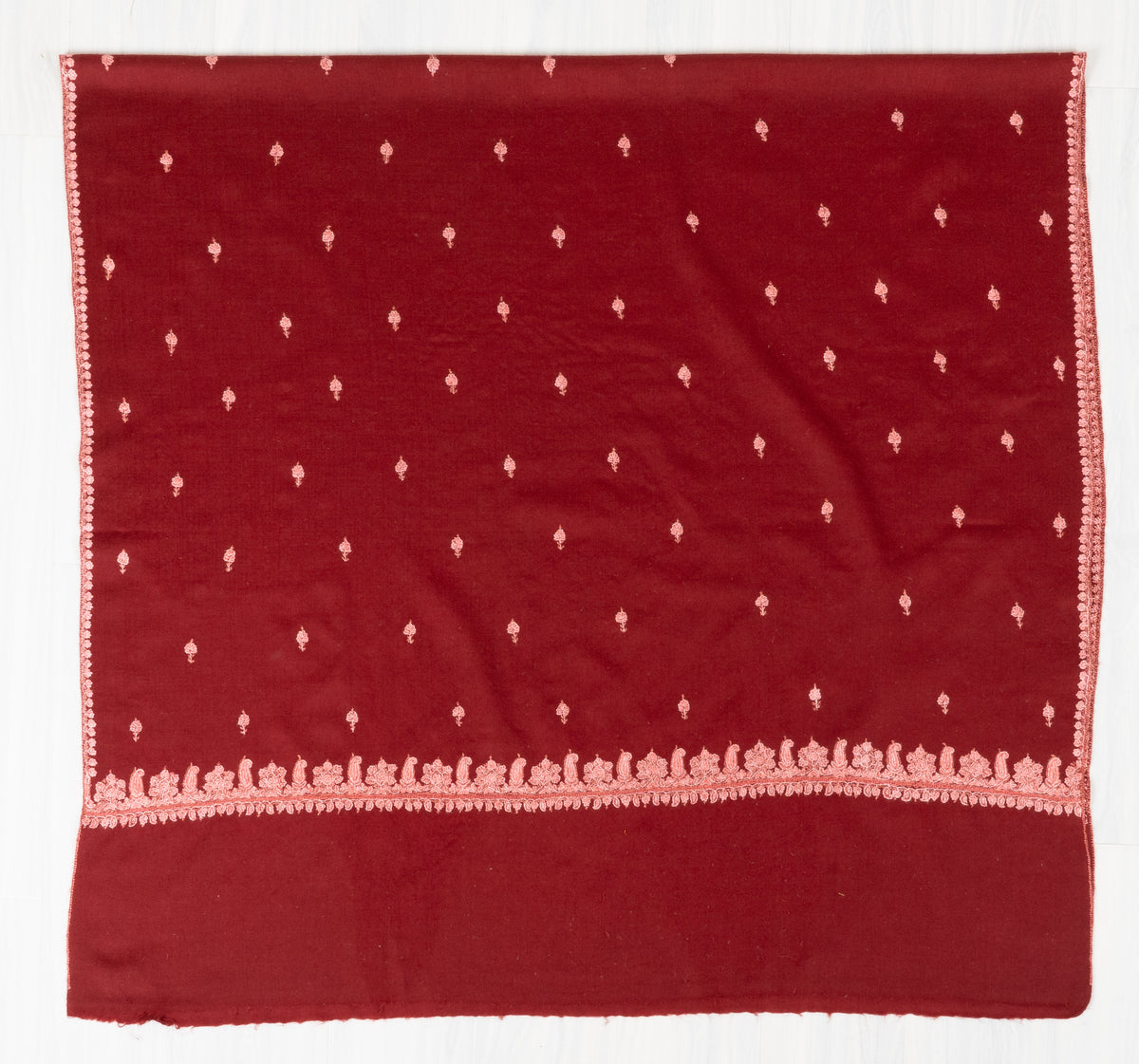 Garnet Blush Fine Merino Wool Shawl with Pink Sozni Hand Embroidered Floral Sprigs