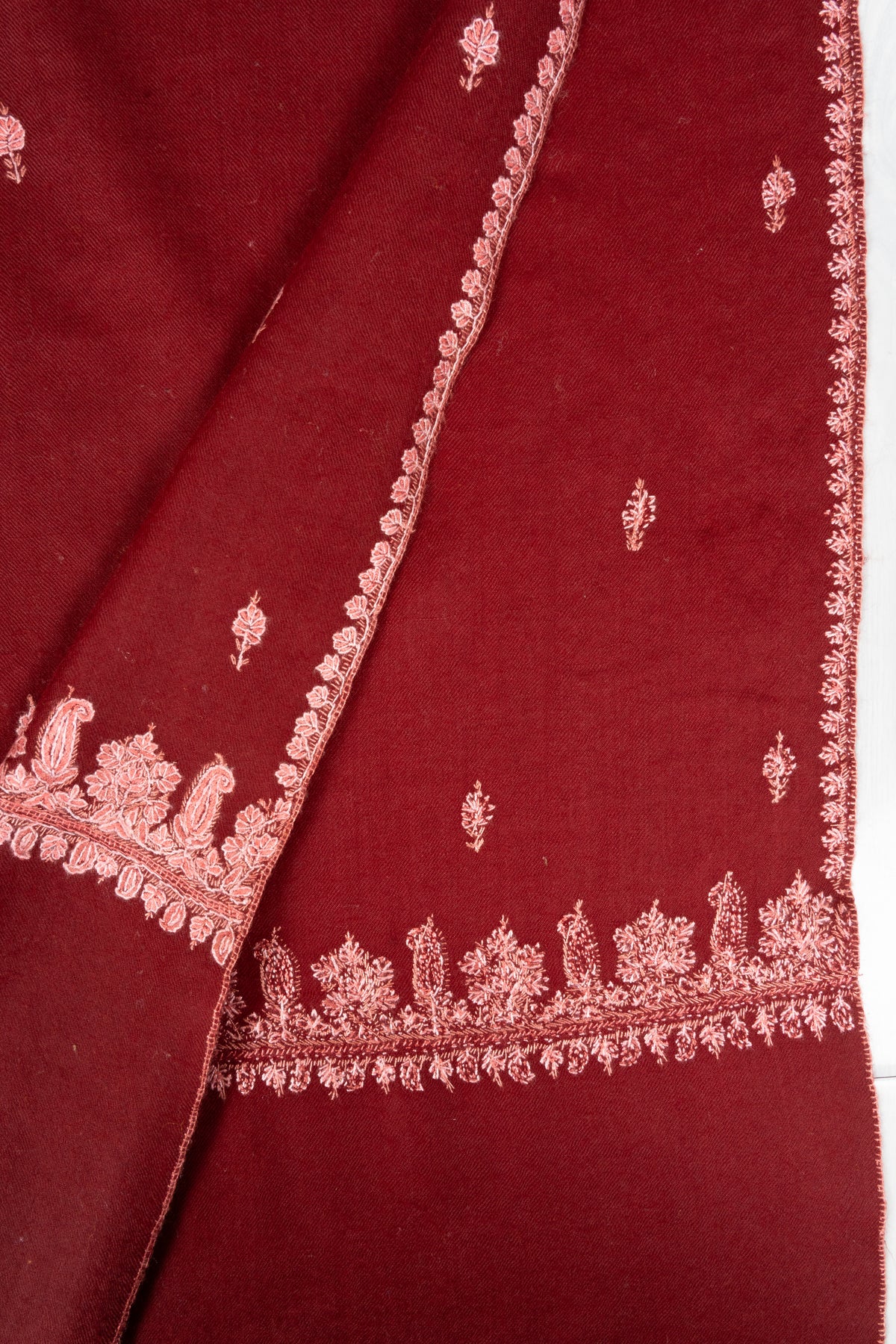 Garnet Blush Fine Merino Wool Shawl with Pink Sozni Hand Embroidered Floral Sprigs