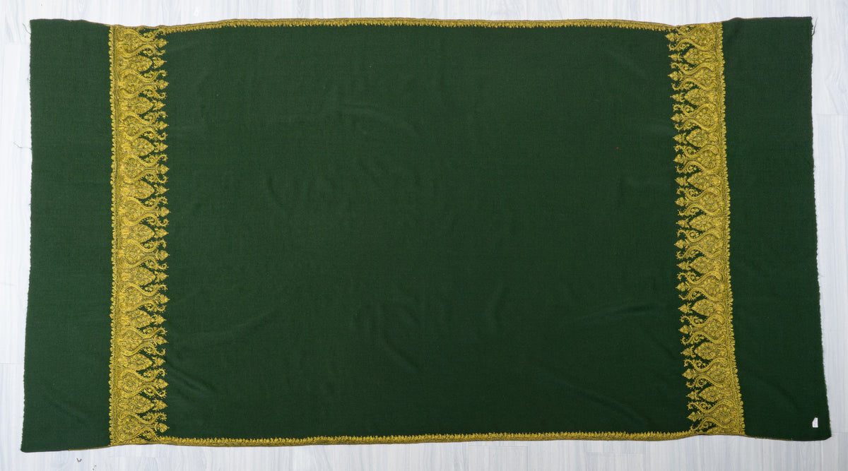 Forest Gold Fine Merino Wool Shawl with Sozni Hand Embroidered Ornamental Border