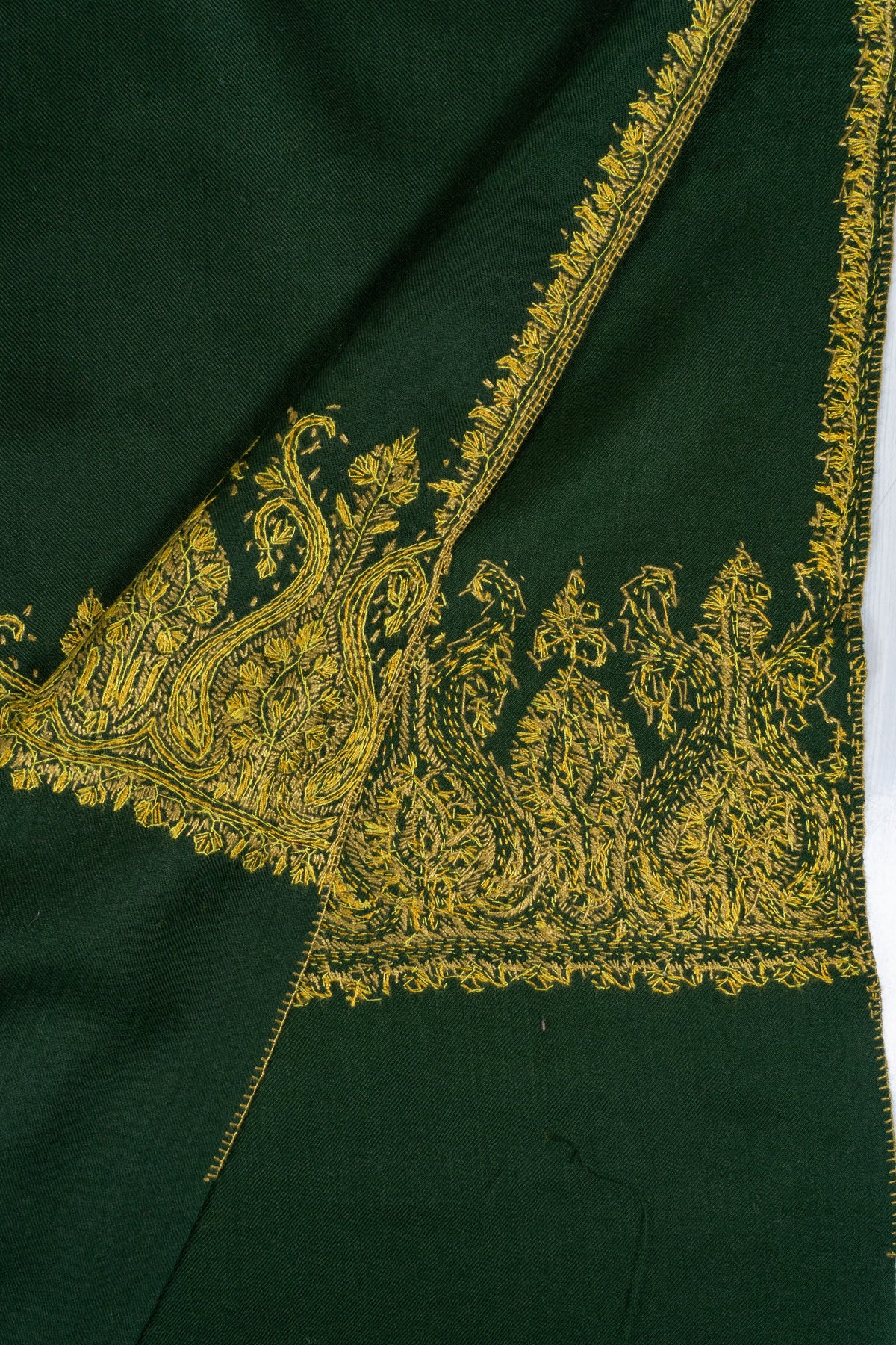 Forest Gold Fine Merino Wool Shawl with Sozni Hand Embroidered Ornamental Border