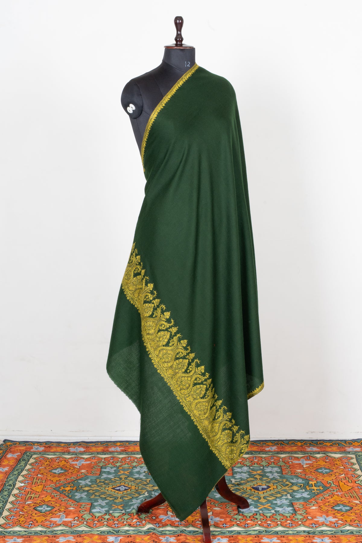 Forest Gold Fine Merino Wool Shawl with Sozni Hand Embroidered Ornamental Border