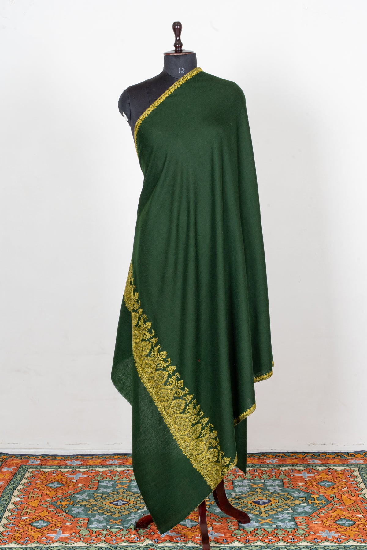 Forest Gold Fine Merino Wool Shawl with Sozni Hand Embroidered Ornamental Border