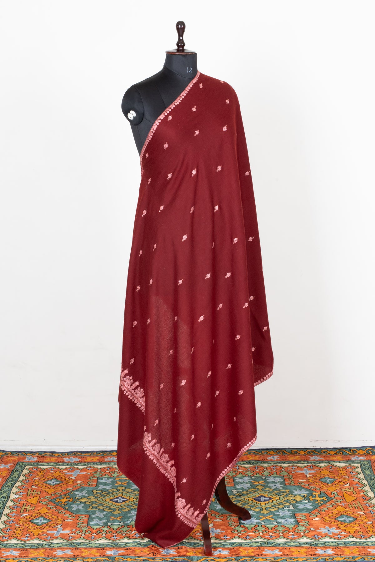 Garnet Blush Fine Merino Wool Shawl with Pink Sozni Hand Embroidered Floral Sprigs