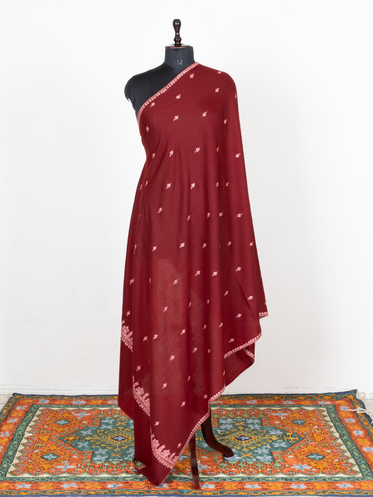 Garnet Blush Fine Merino Wool Shawl with Pink Sozni Hand Embroidered Floral Sprigs