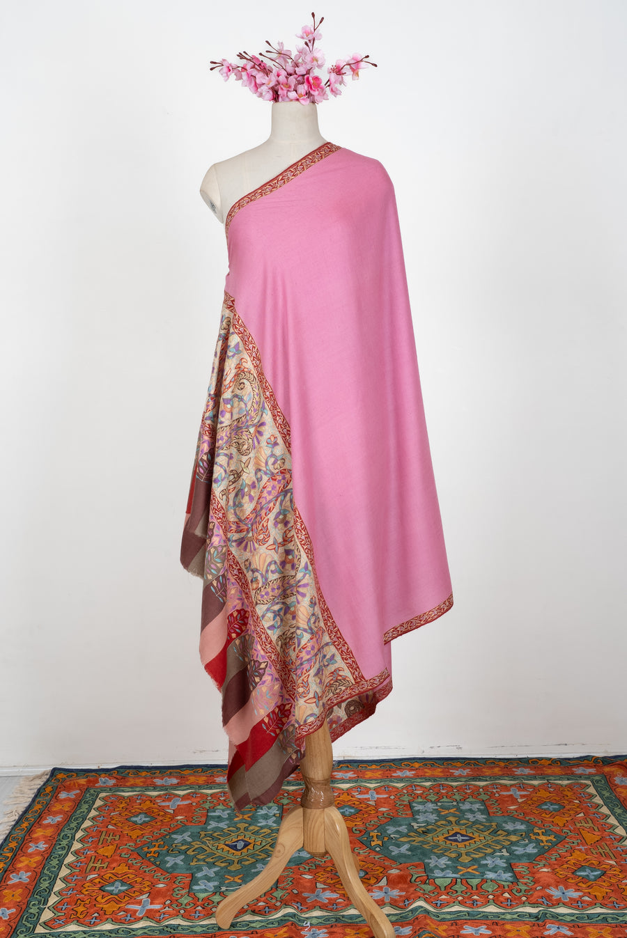 Rose Petal Symphony: Pure Pashmina Hand Embroidered Shawl